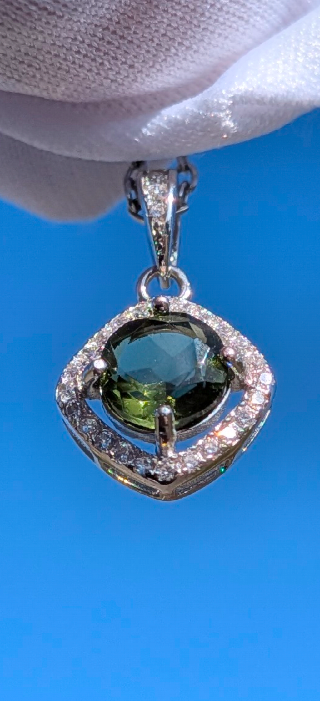 Silver Faceted Moldavite Pendant #11 With CZ Crystals - 5ct