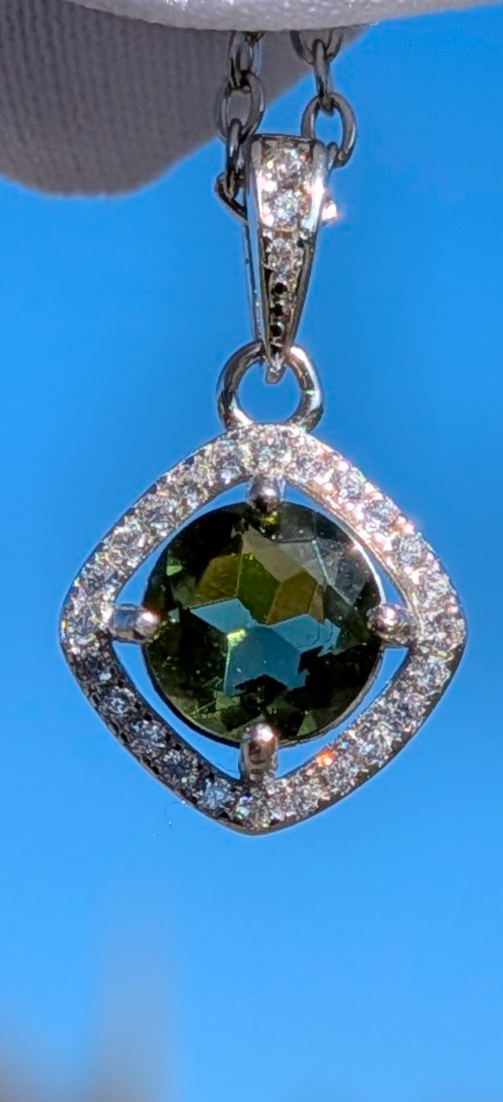 Silver Faceted Moldavite Pendant #11 With CZ Crystals - 5ct
