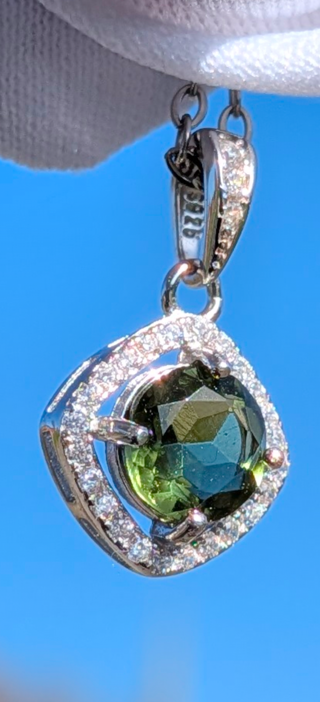 Silver Faceted Moldavite Pendant #11 With CZ Crystals - 5ct