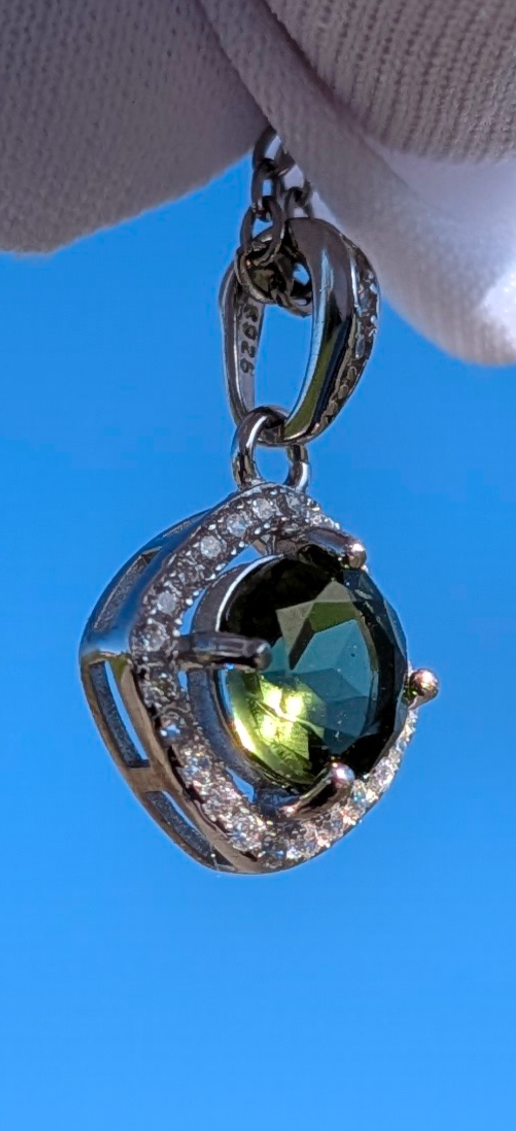 Silver Faceted Moldavite Pendant #11 With CZ Crystals - 5ct