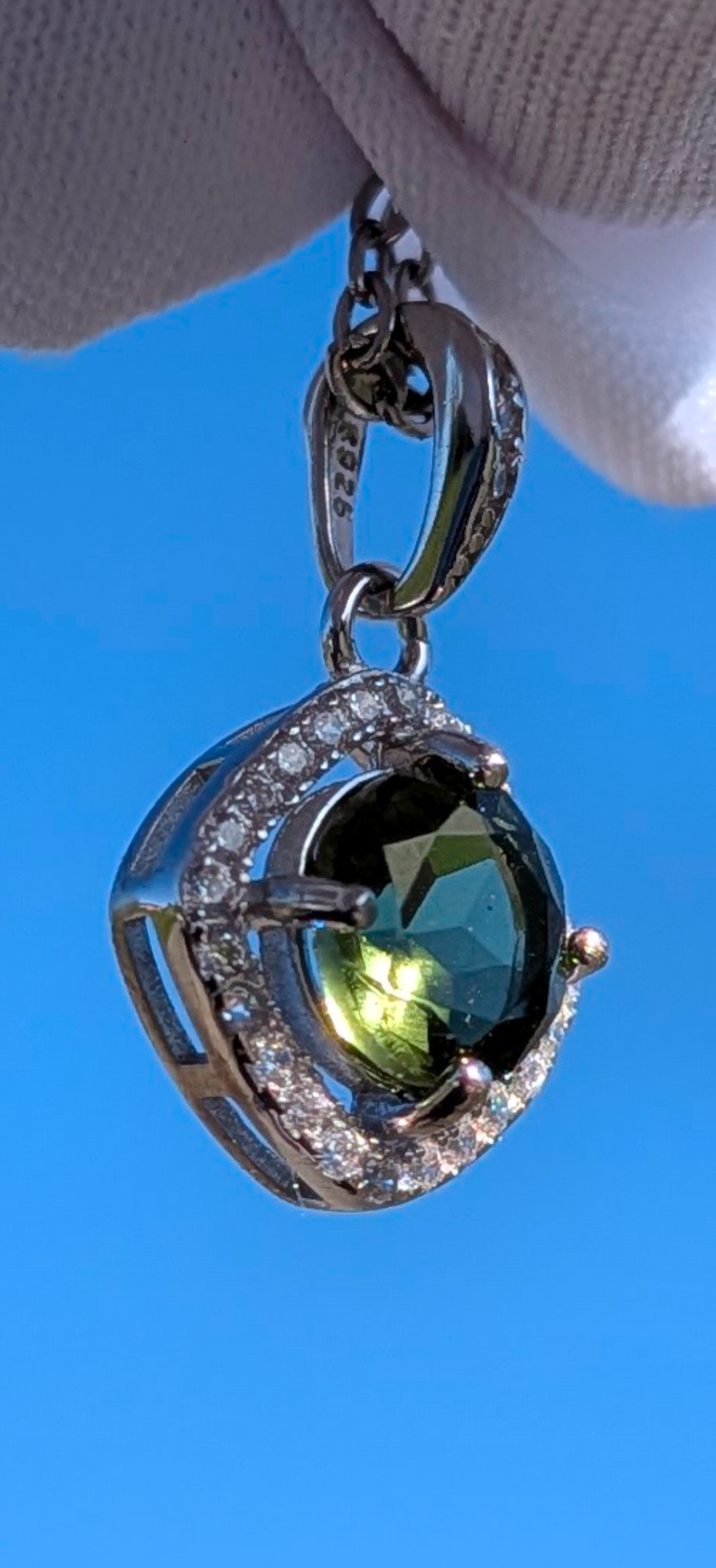 Silver Faceted Moldavite Pendant #11 With CZ Crystals - 5ct