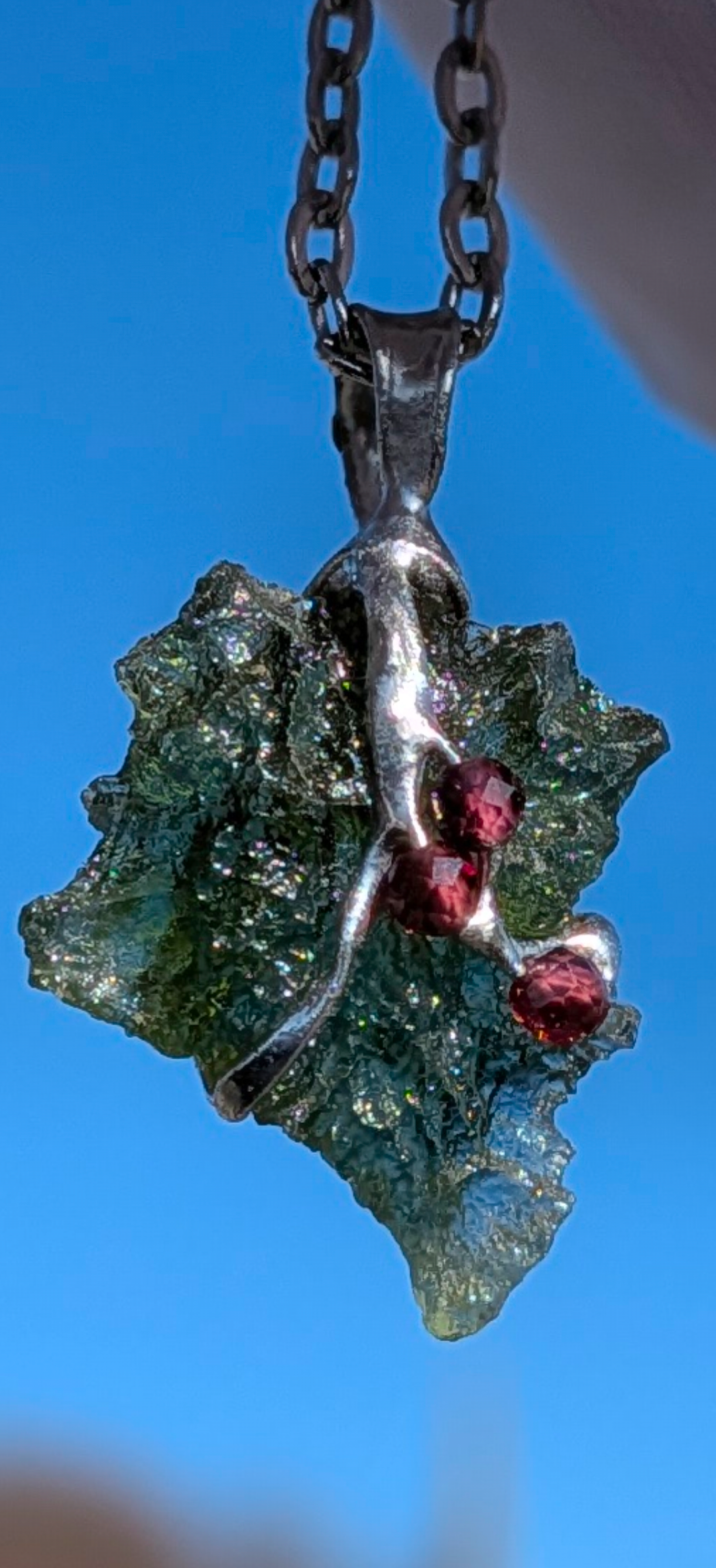 Moldavite Hand-Made Pendant #10 With Bohemian Garnets - 1.8g