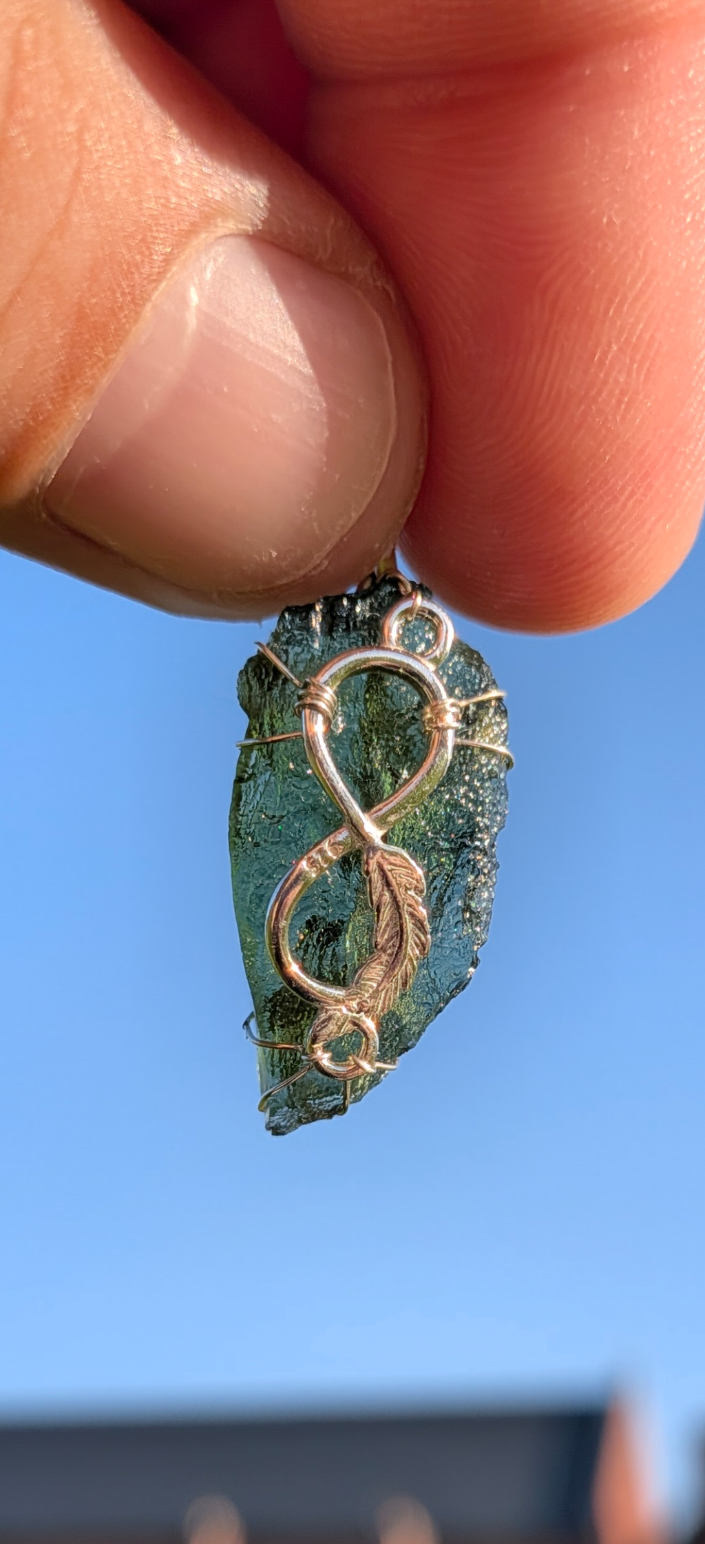 Moldavite Infinity Feather Pendant - Nesmen 2.1g - 925 Silver #32
