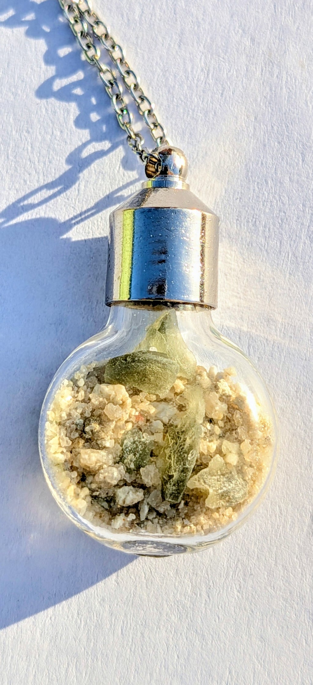 Bulb Pendant With Tiny Moldavite Pieces In Mother Soil, Chain #36