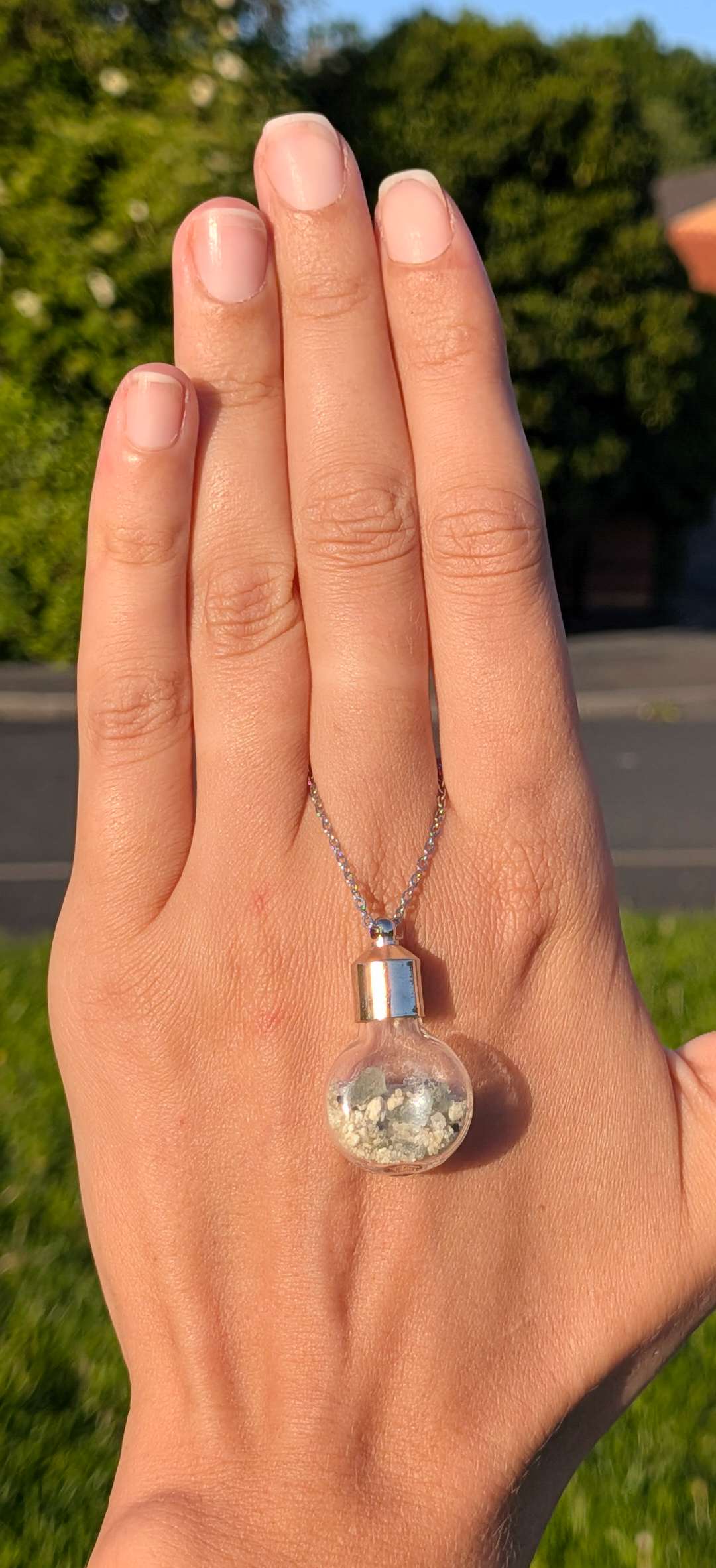 Bulb Pendant With Tiny Moldavite Pieces In Mother Soil, Chain #36