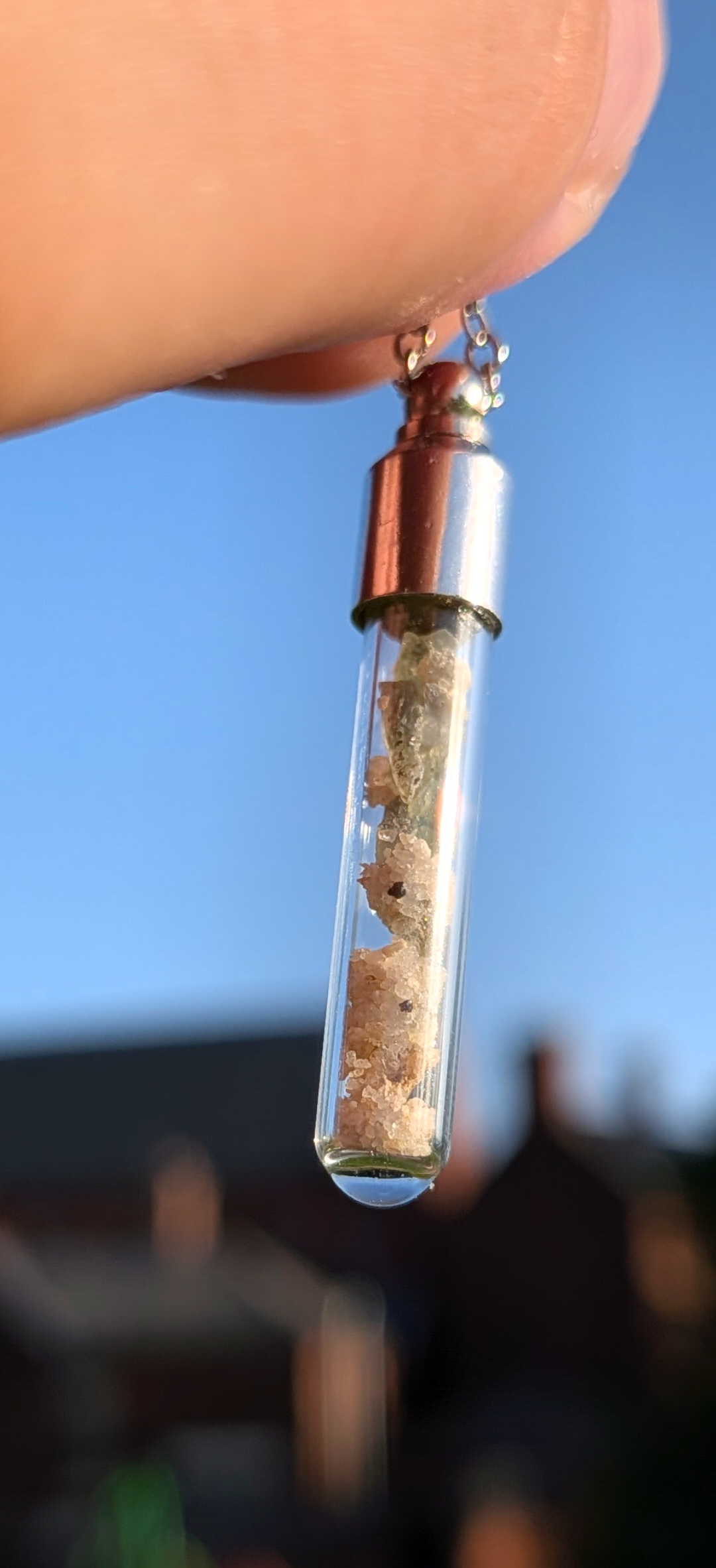 Small Vial Pendant With Tiny Moldavites In Mother Soil, Chain #37