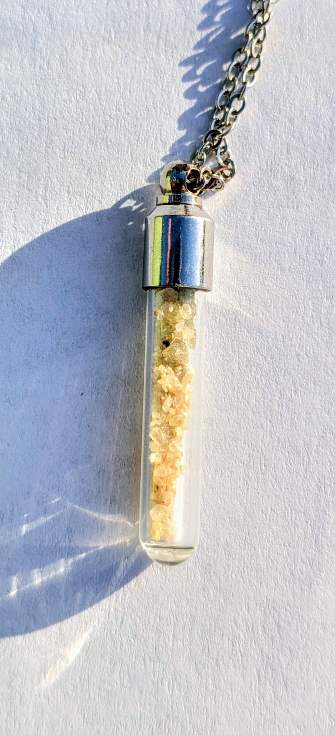 Small Vial Pendant With Tiny Moldavites In Mother Soil, Chain #37
