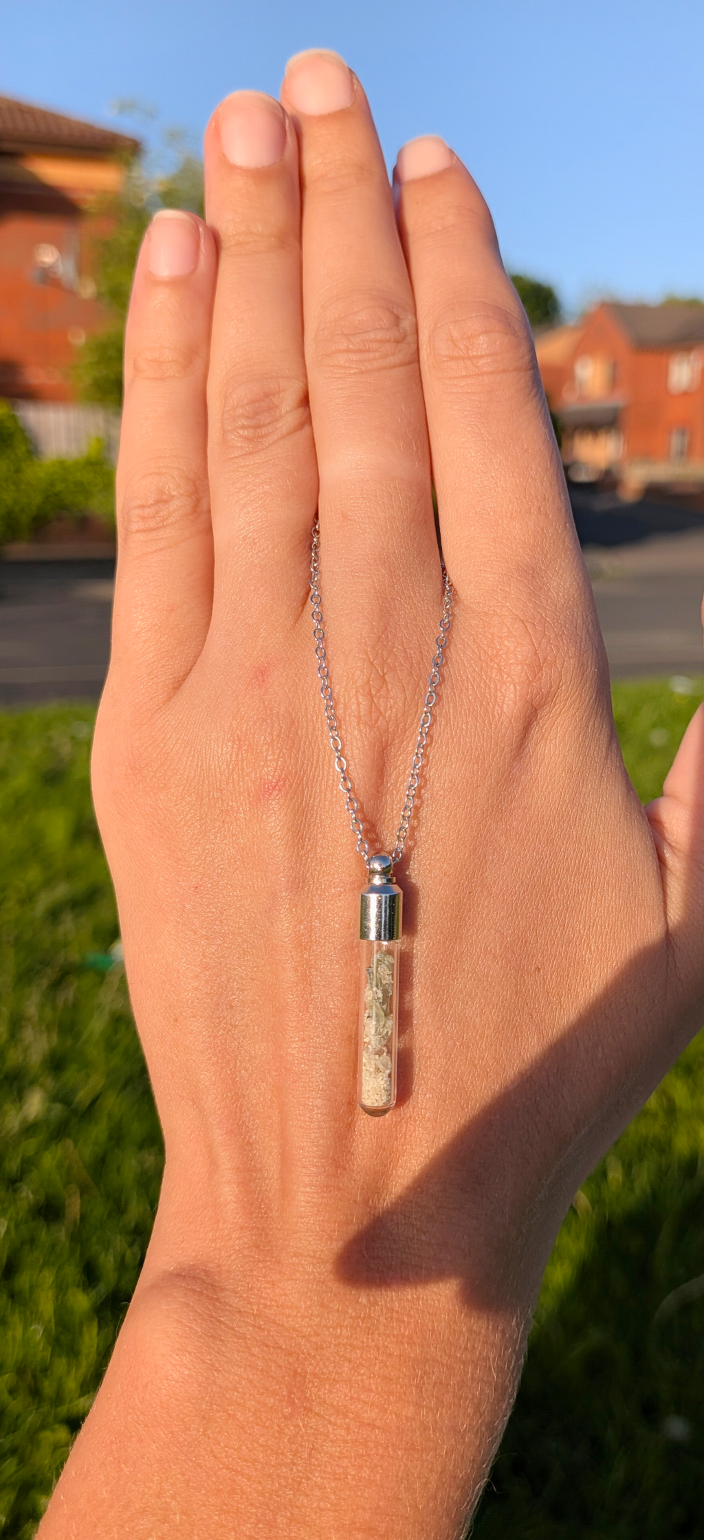 Small Vial Pendant With Tiny Moldavites In Mother Soil, Chain #37
