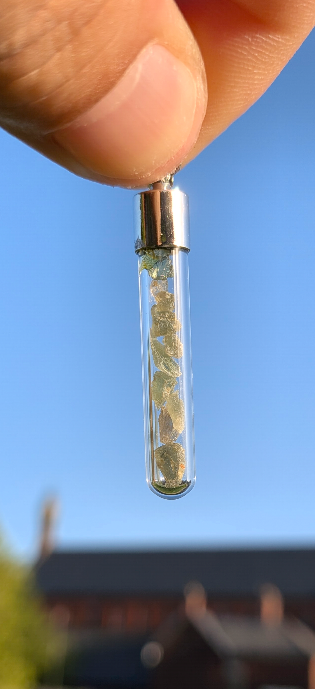 Large Vial Pendant With Tiny Moldavites, Chain#38