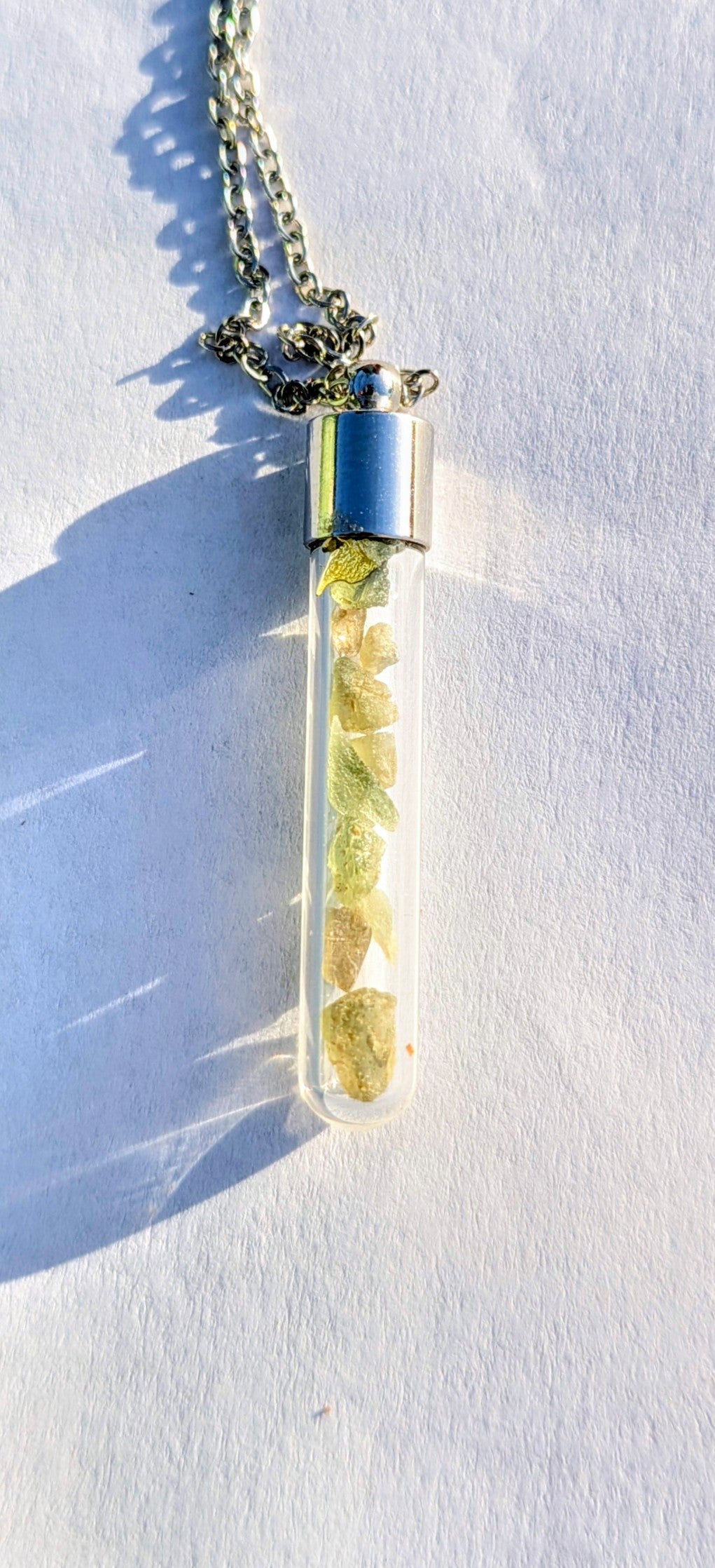 Large Vial Pendant With Tiny Moldavites, Chain#38