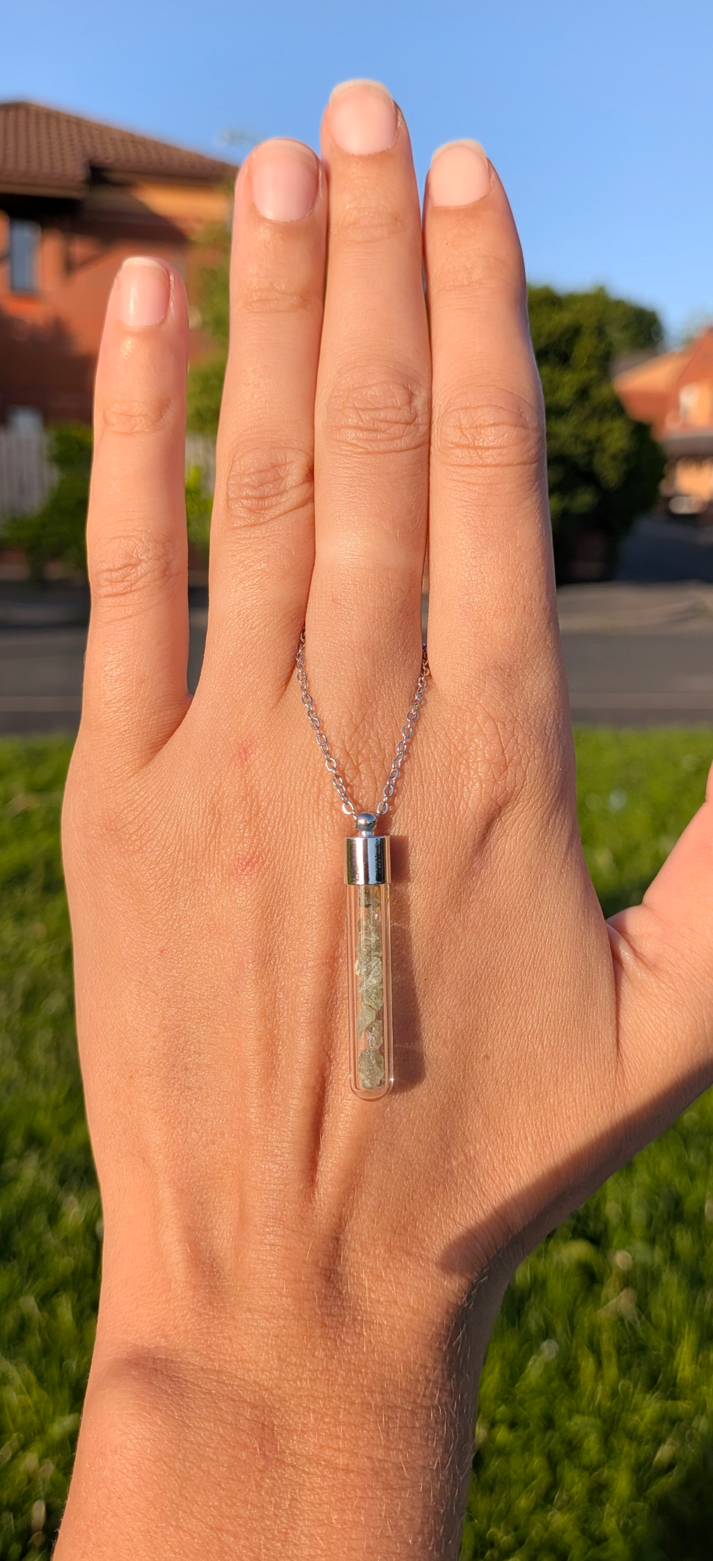 Large Vial Pendant With Tiny Moldavites, Chain#38