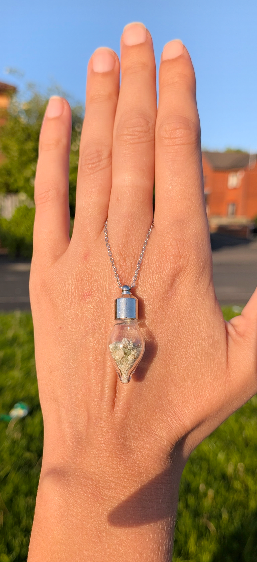 Drop Bauble Pendant With Tiny Moldavites In Mother Soil, Chain #39