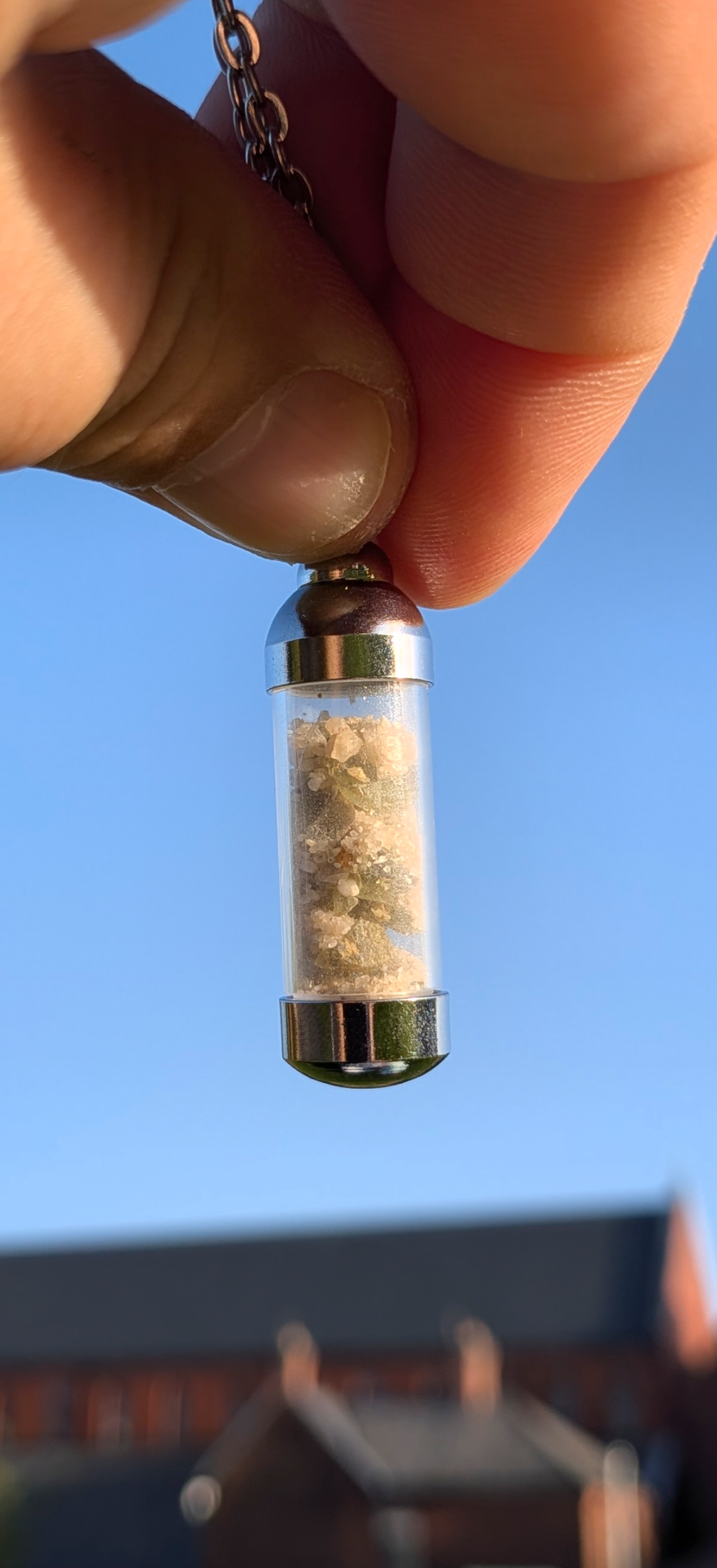 Valve Pendant With Tiny Moldavites In Mother Soil, Chain #40