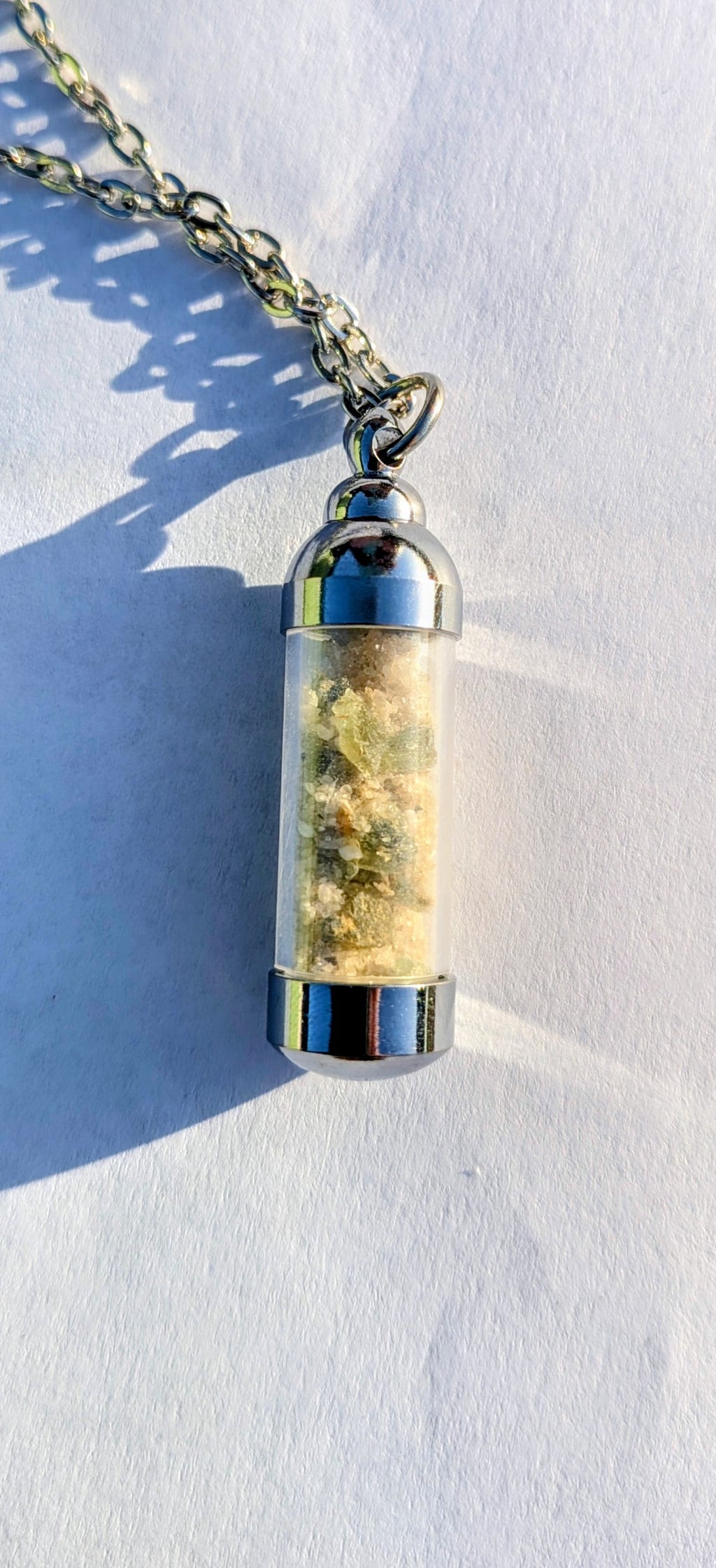Valve Pendant With Tiny Moldavites In Mother Soil, Chain #40