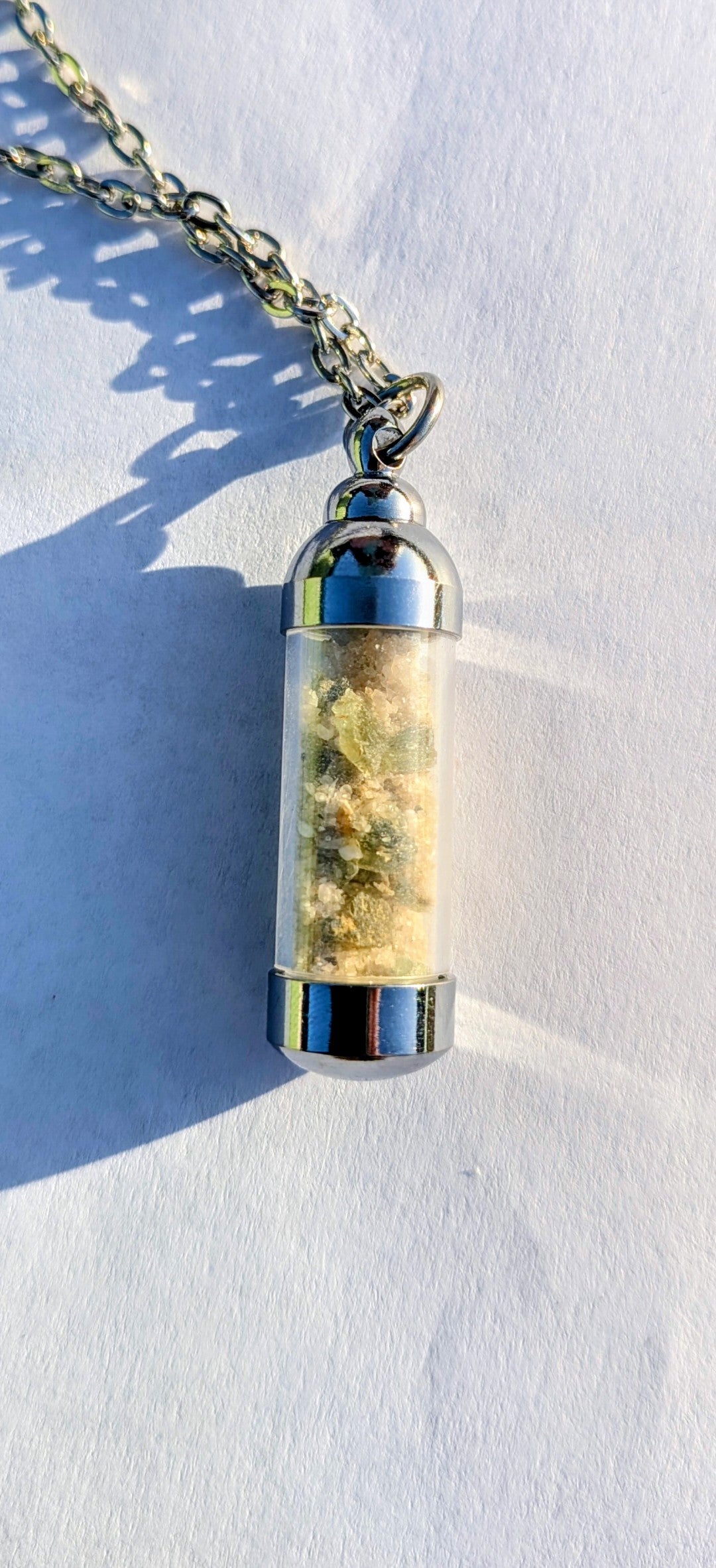 Valve Pendant With Tiny Moldavites In Mother Soil, Chain #40