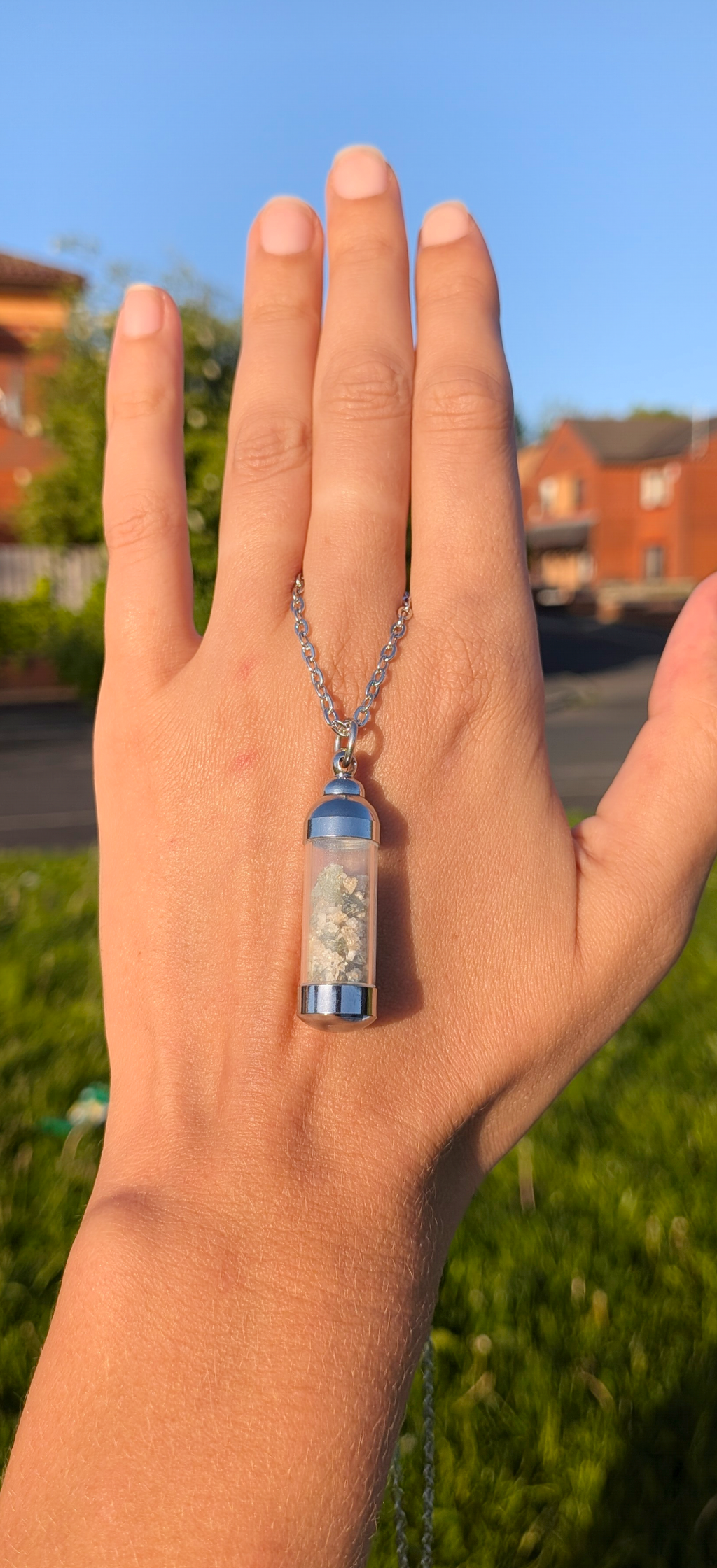 Valve Pendant With Tiny Moldavites In Mother Soil, Chain #40