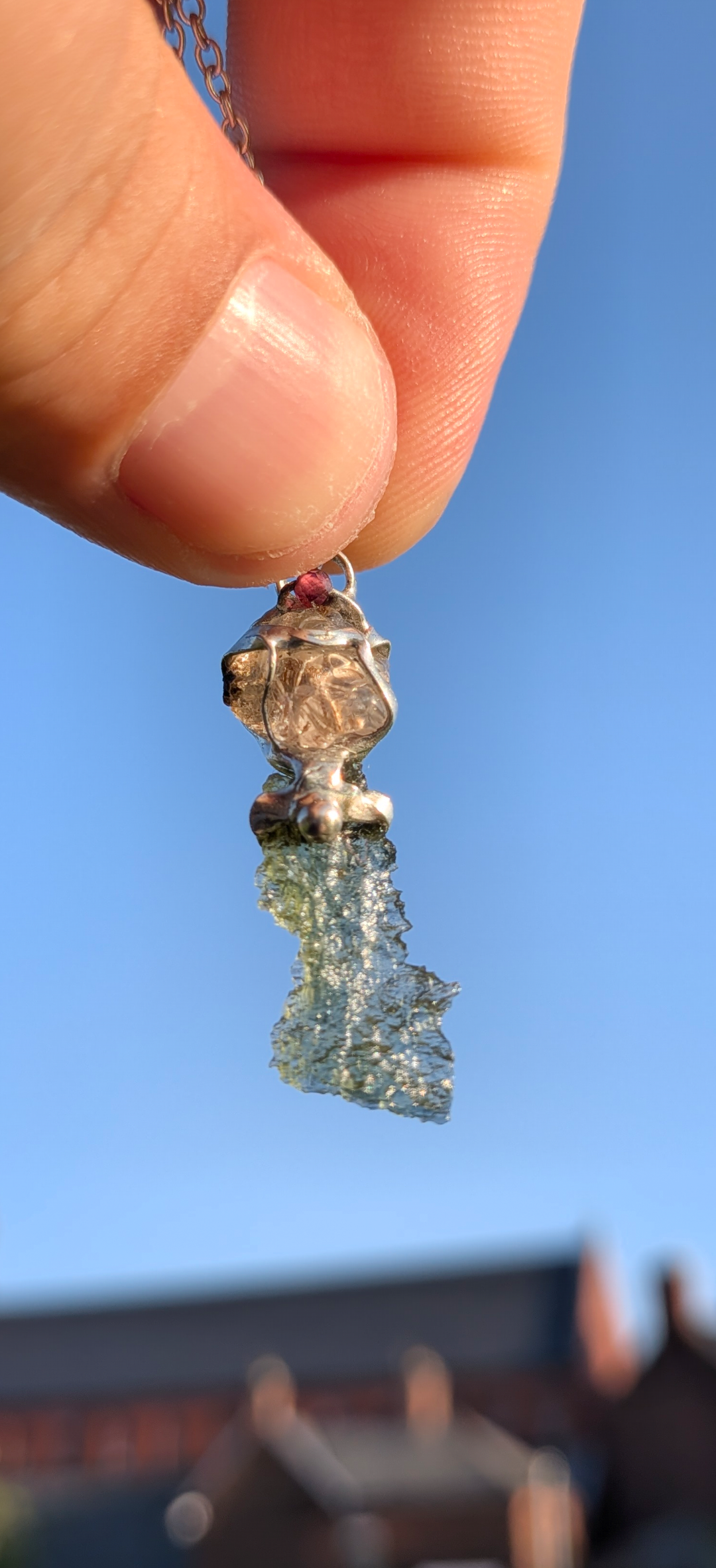 Moldavite, Herkimer Diamond and Bohemian Garnet Pendant, Chain #41