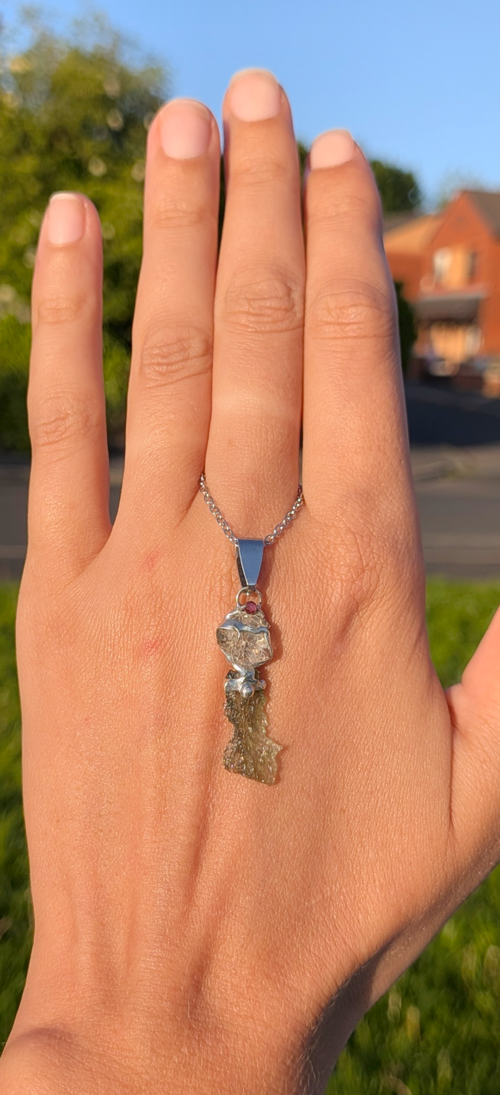 Moldavite, Herkimer Diamond and Bohemian Garnet Pendant, Chain #41