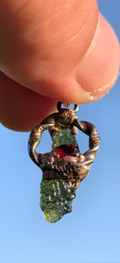 Celtic Style Moldavite Pendant With Faceted Garnet And Cubic Zirconia Crystals #46