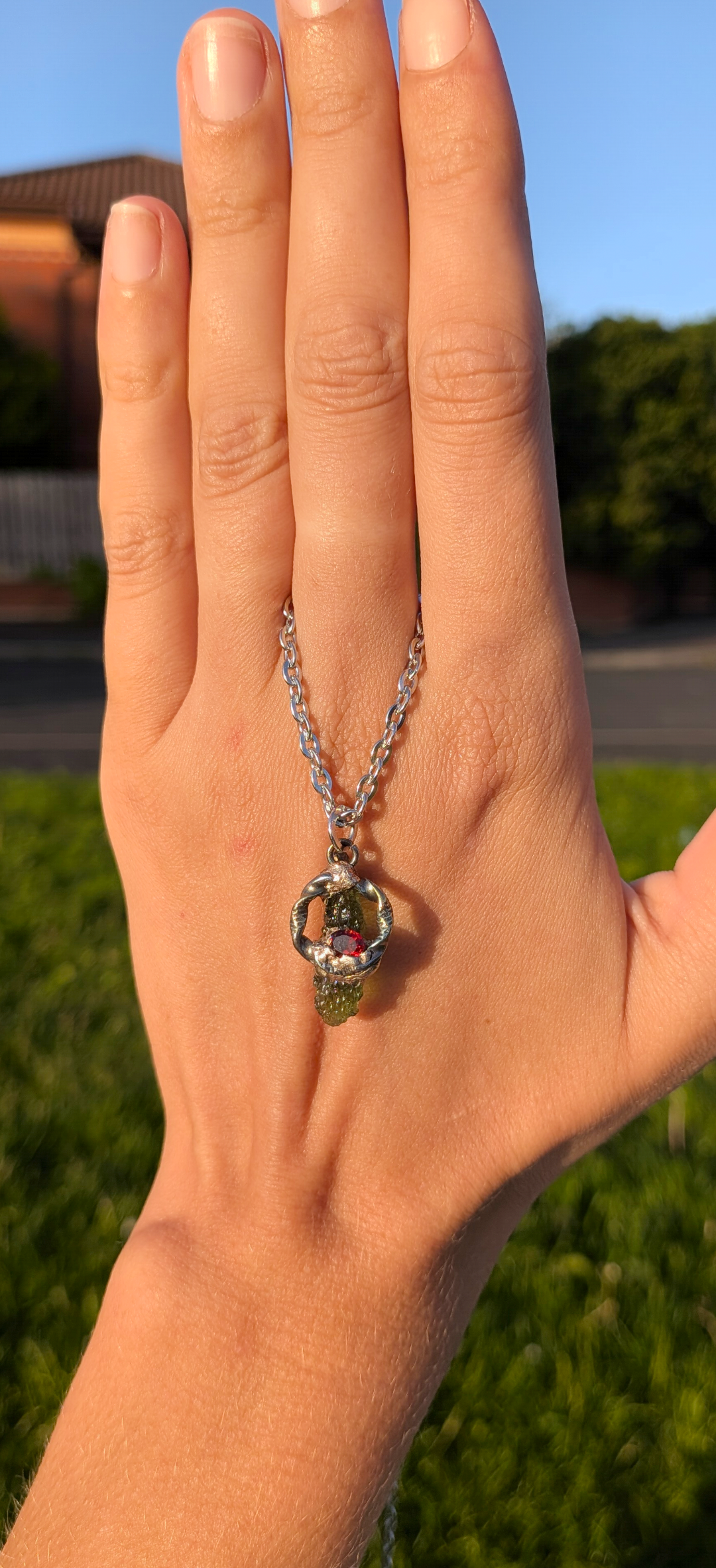 Celtic Style Moldavite Pendant With Faceted Garnet And Cubic Zirconia Crystals #46