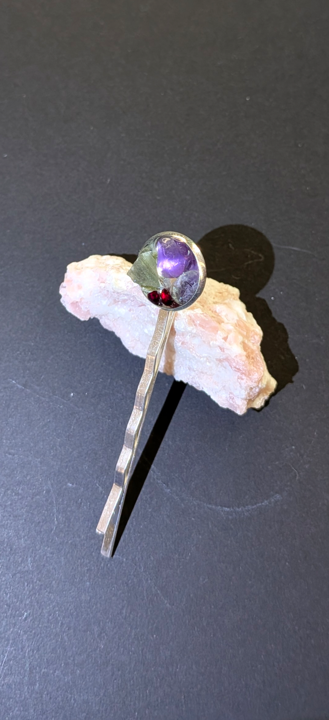 Hair Pin With Moldavites, Amethyst and Bohemian Garnets #1