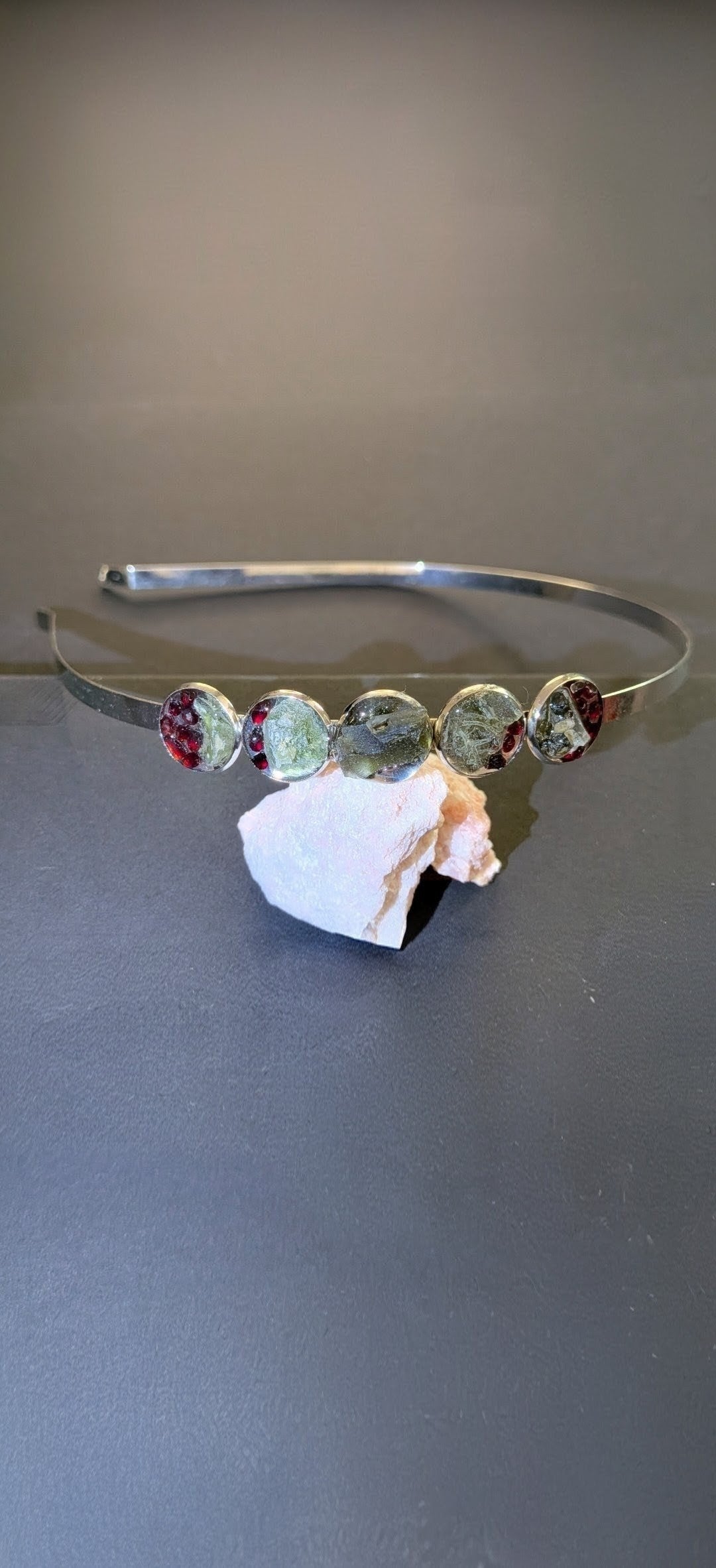 Hair Band Brooch With Moldavites and Bohemian Garnets #4