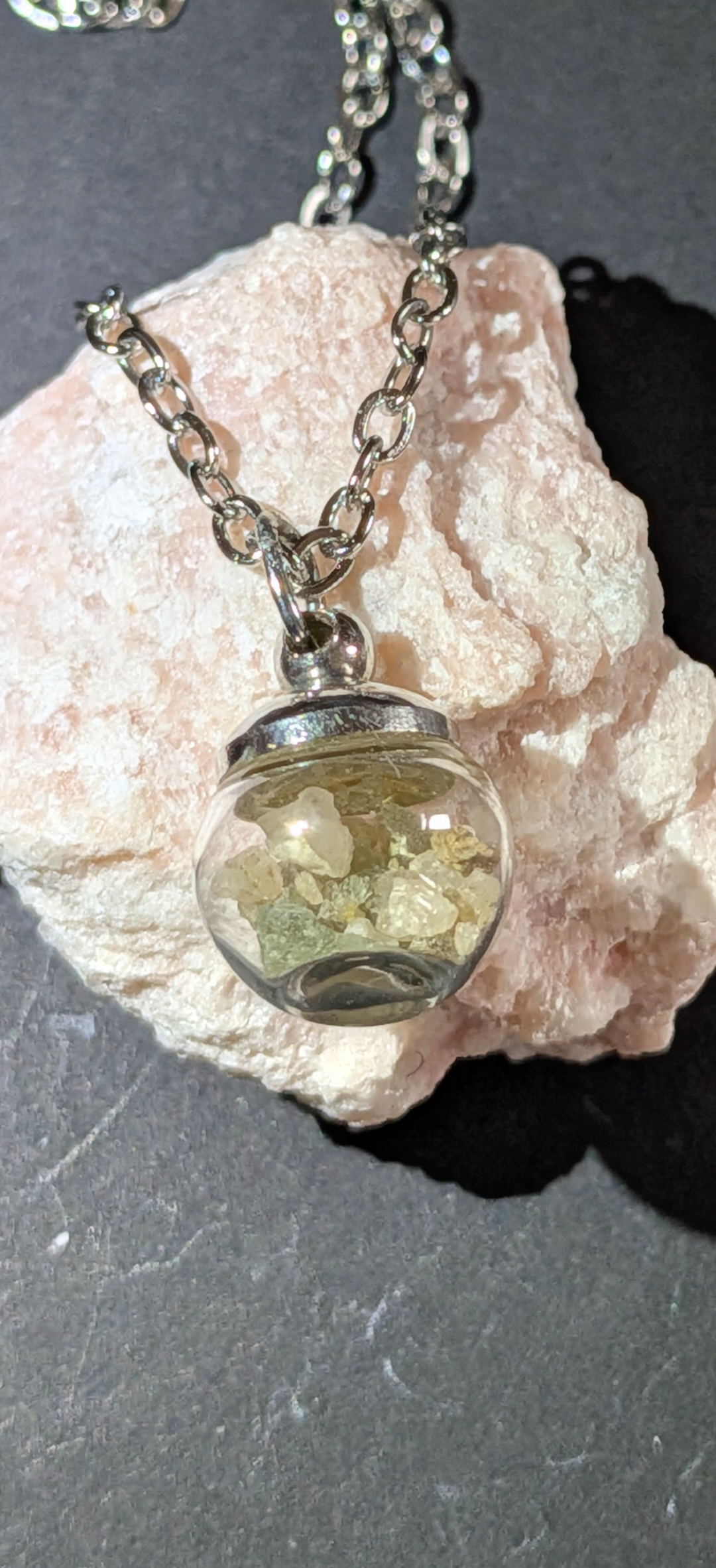 Small Bauble Pendant WIth Tiny Modavites In Mother Soil, Chain #35