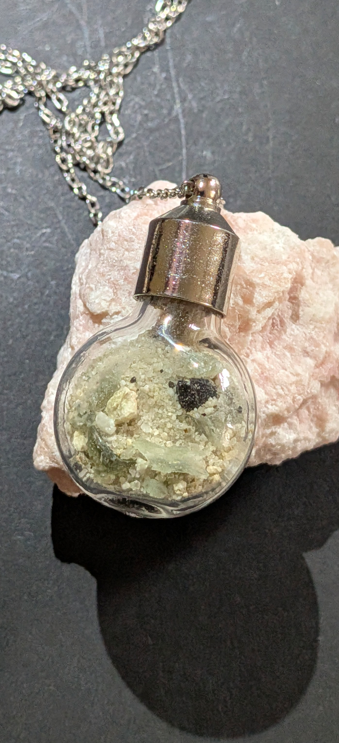 Bulb Pendant With Tiny Moldavite Pieces In Mother Soil, Chain #36