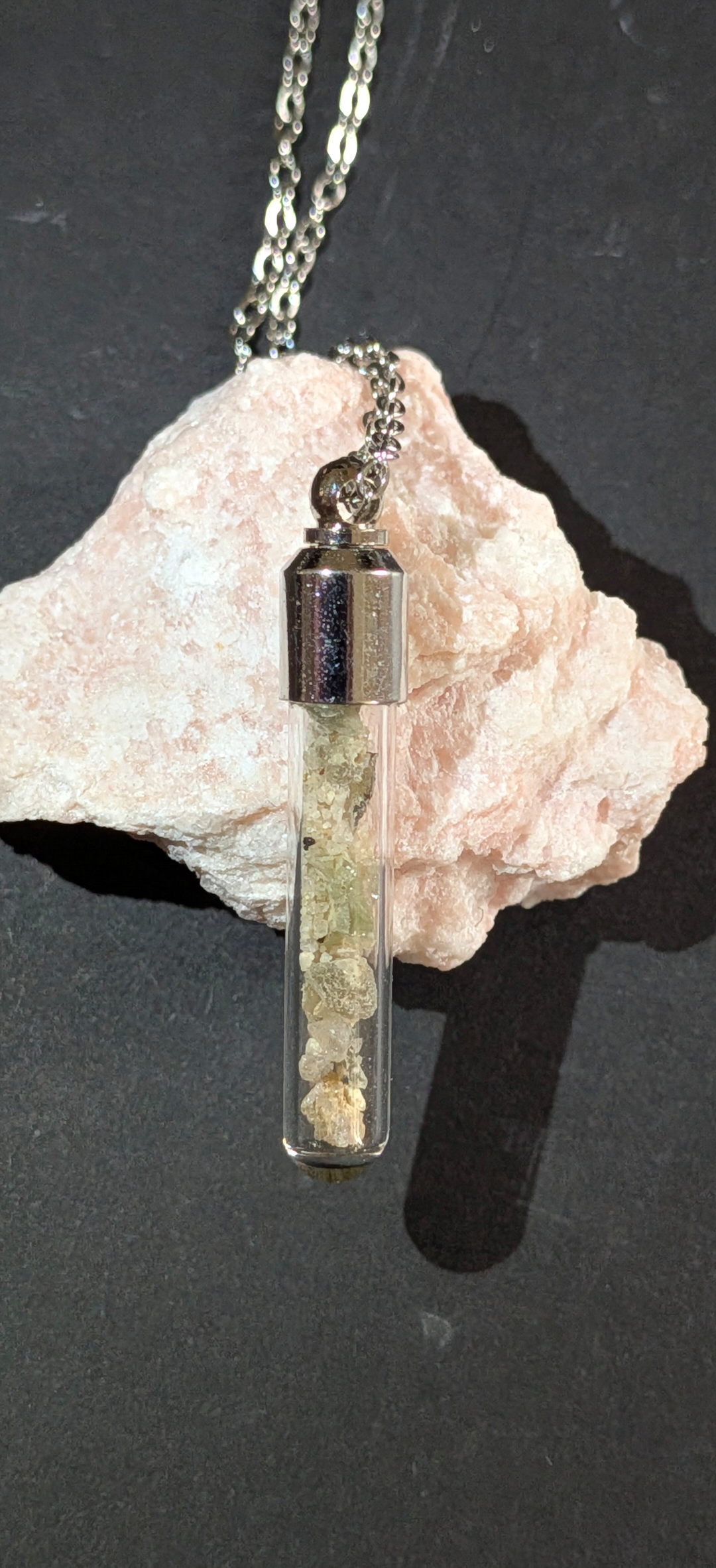 Small Vial Pendant With Tiny Moldavites In Mother Soil, Chain #37