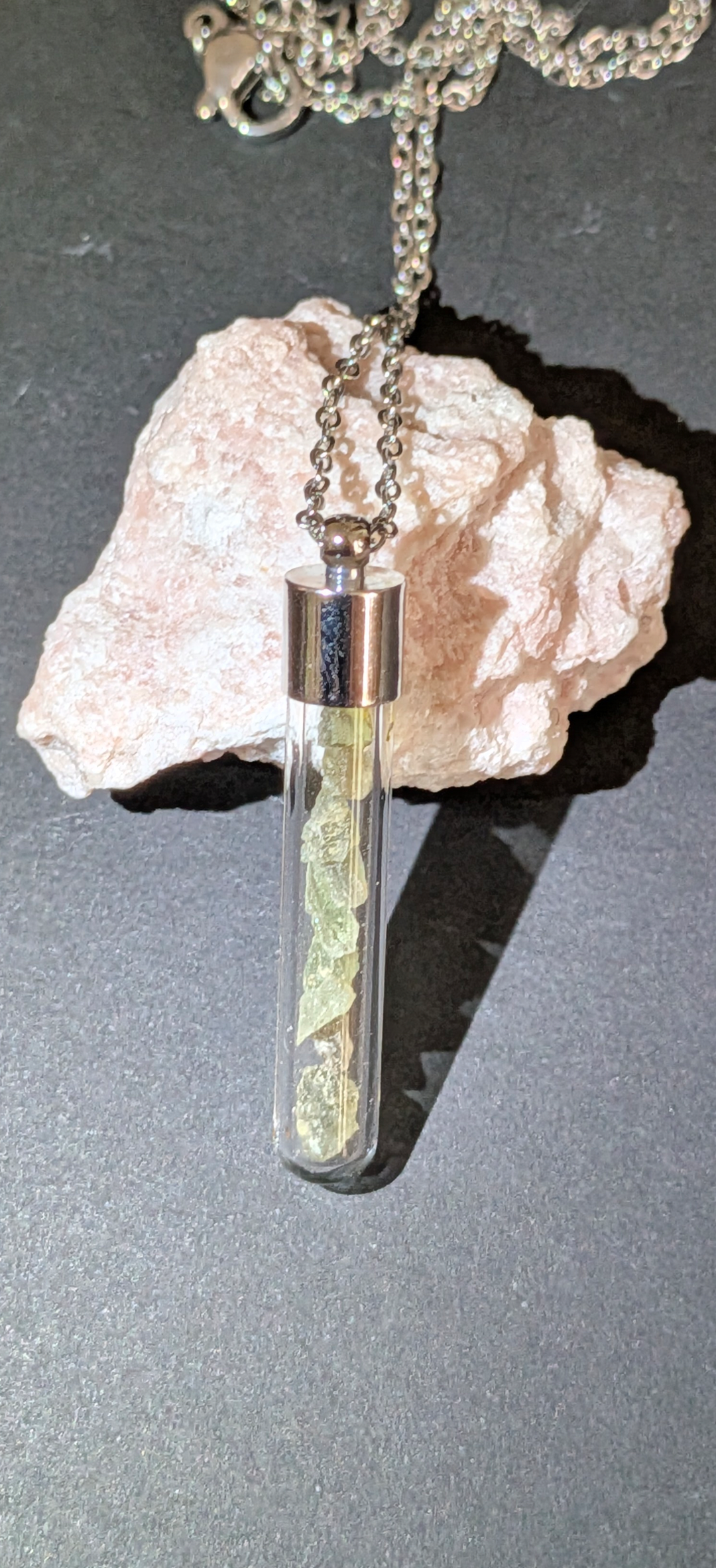 Large Vial Pendant With Tiny Moldavites, Chain#38