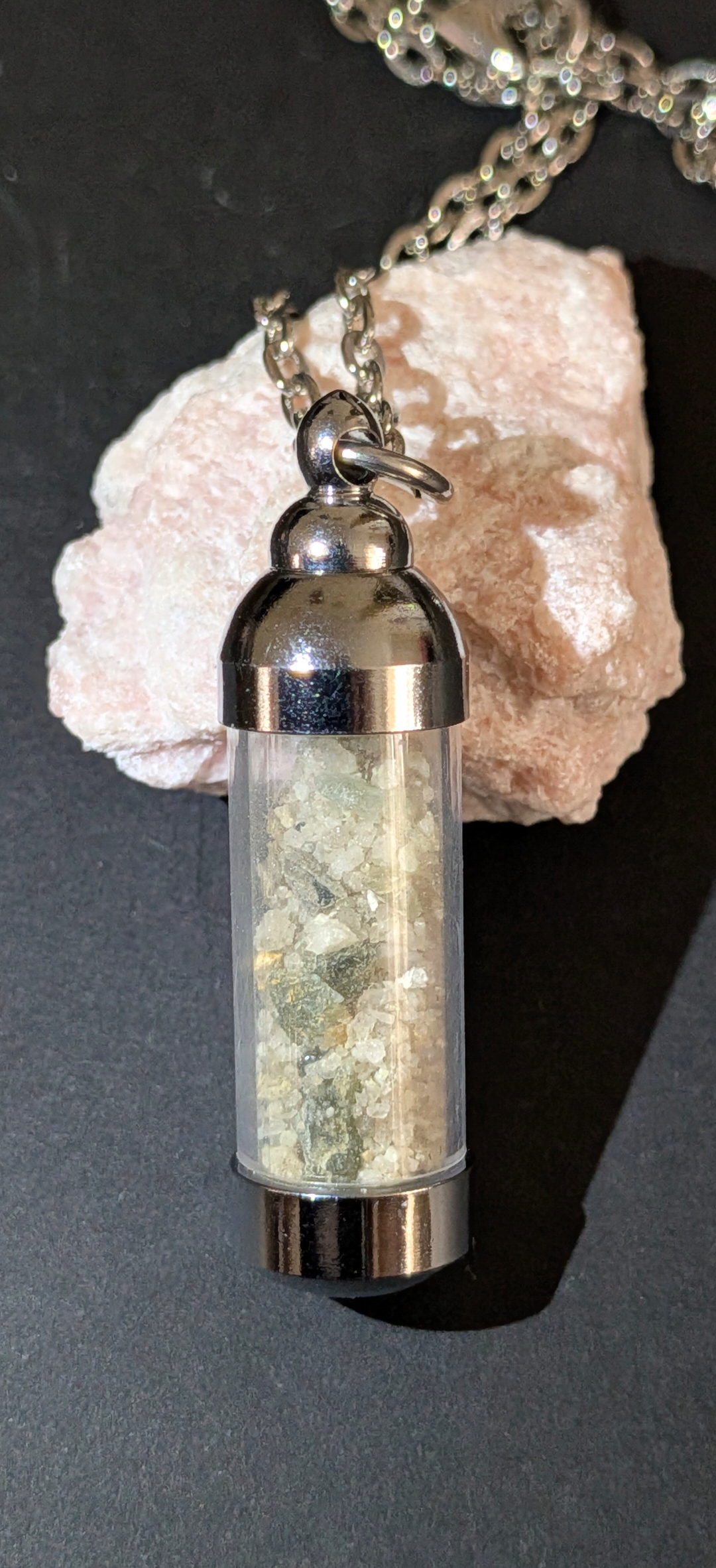 Valve Pendant With Tiny Moldavites In Mother Soil, Chain #40