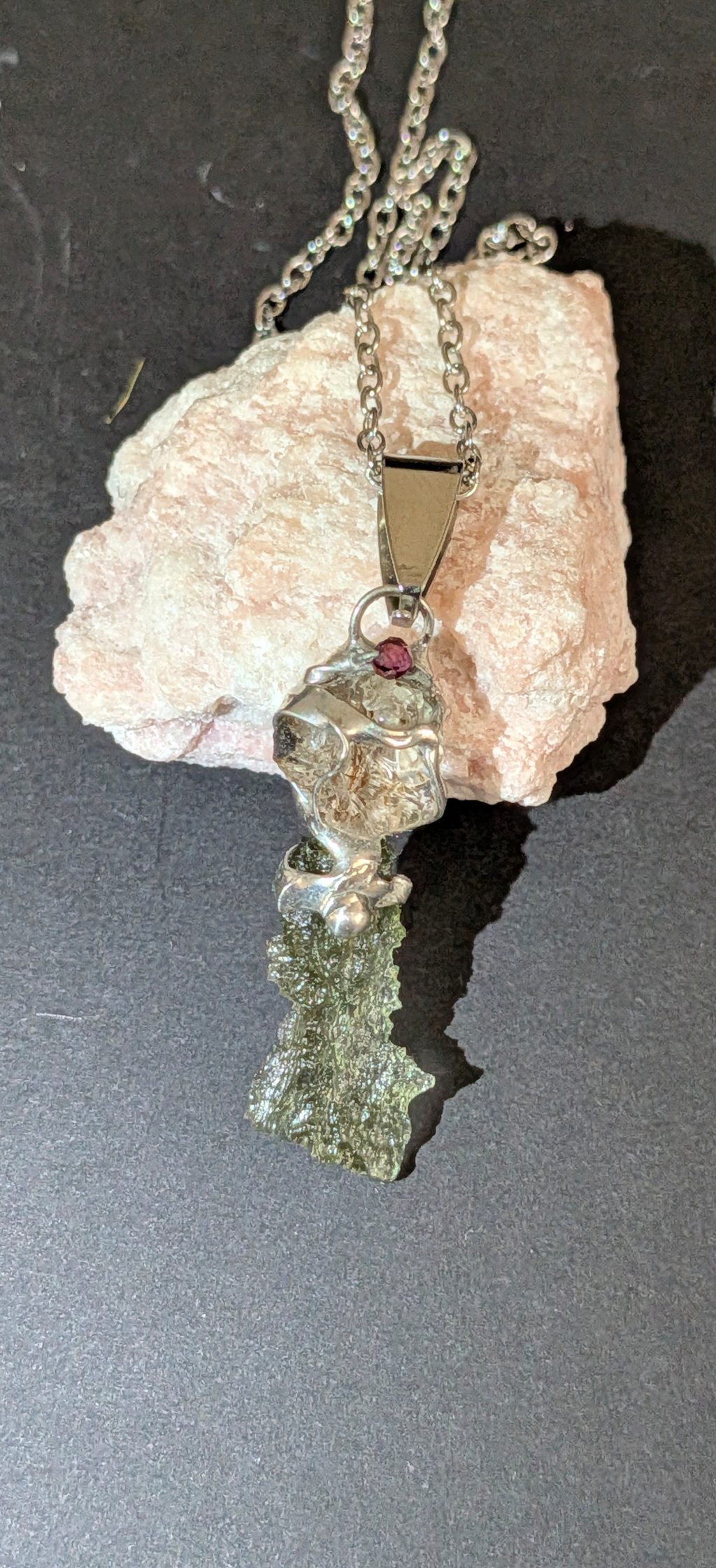 Moldavite, Herkimer Diamond and Bohemian Garnet Pendant, Chain #41