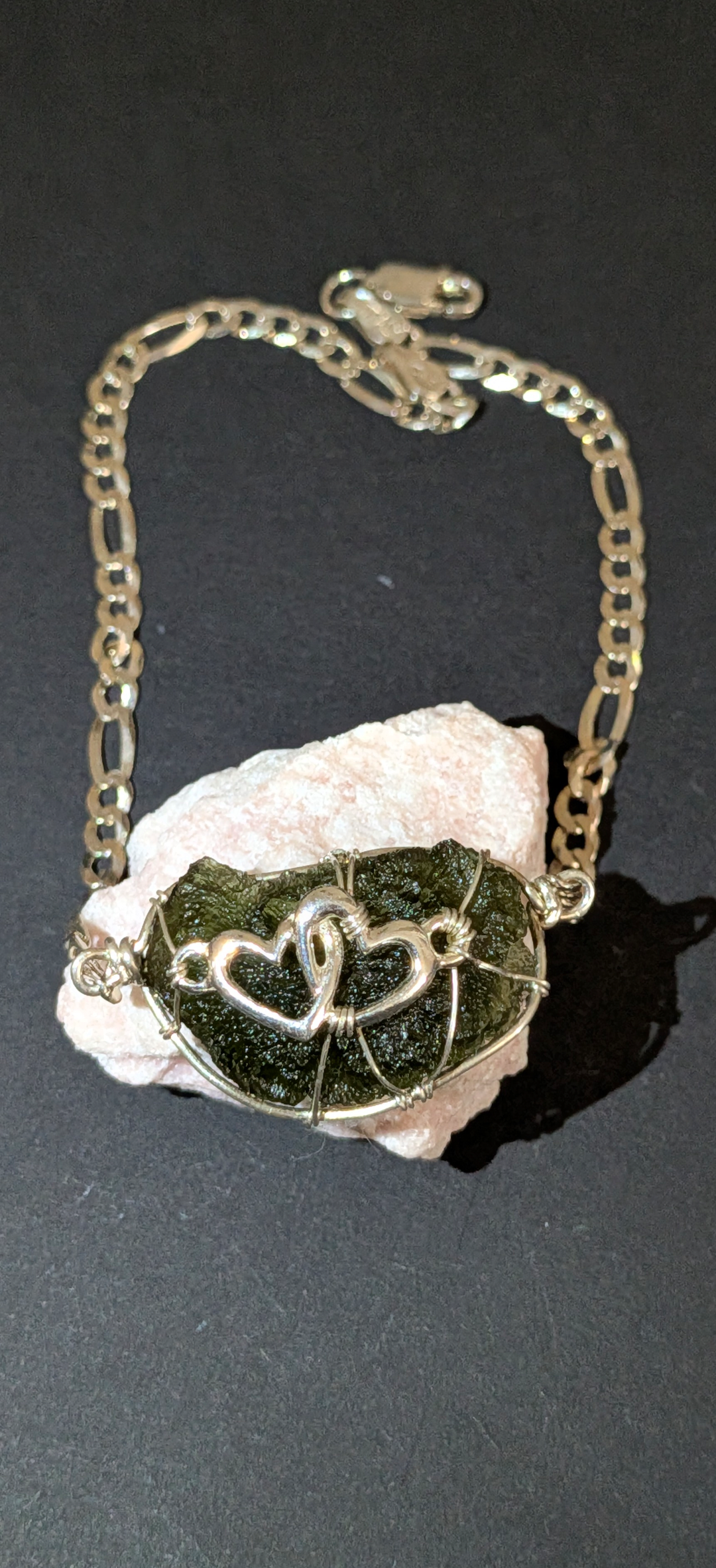 Moldavite Hearts Bracelet, Italian 925 Silver, Nesmen 3,76g #44