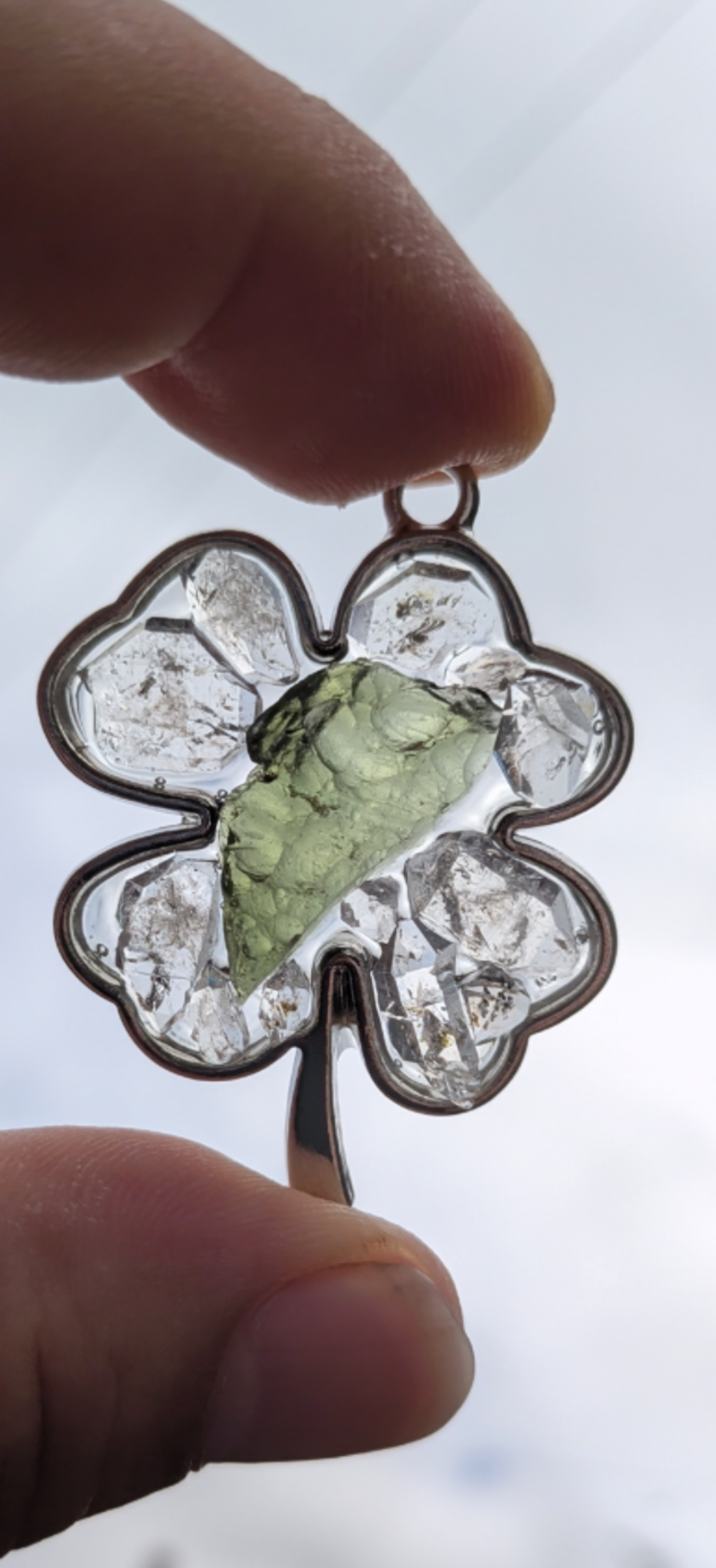 Four-Leaf Clover Pendant With Moldavites And Herkimer Diamonds #21