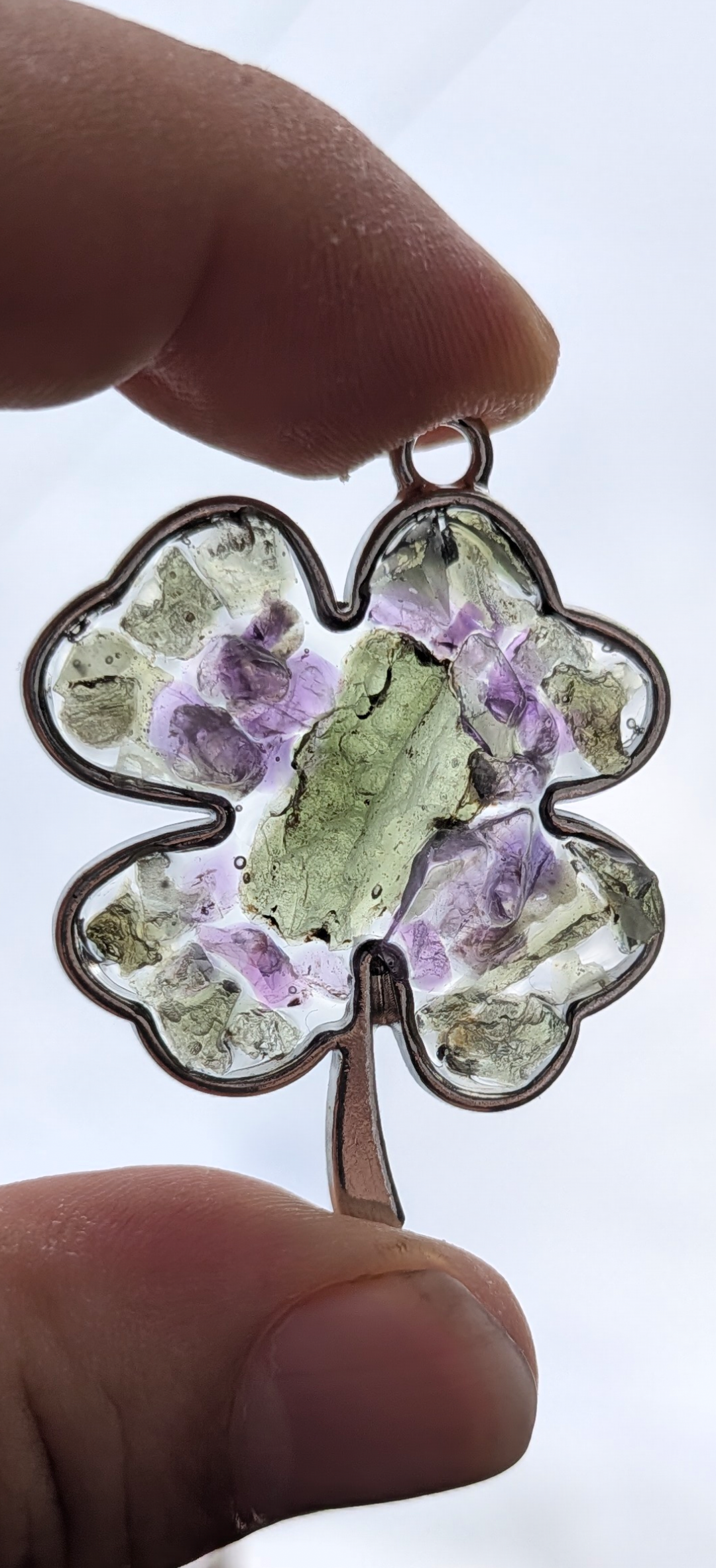 Four-Leaf Clover Pendant With Moldavites And Amethysts #22