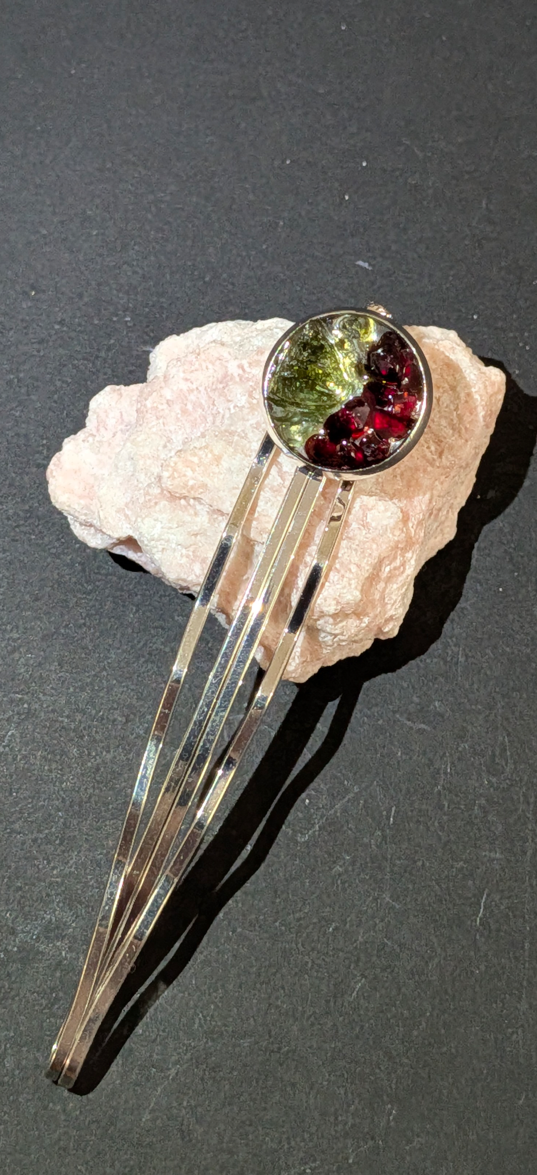 Hair Clip Brooch With Moldavites and Bohemian Garnets #7
