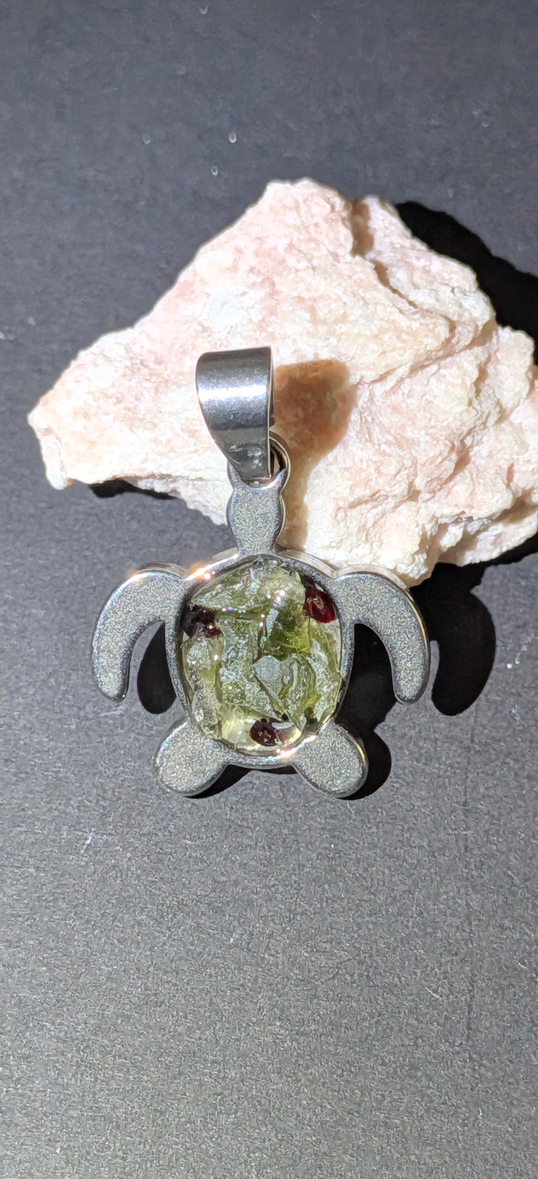 Turtle Pendant With Moldavites And Bohemian Garnets #13