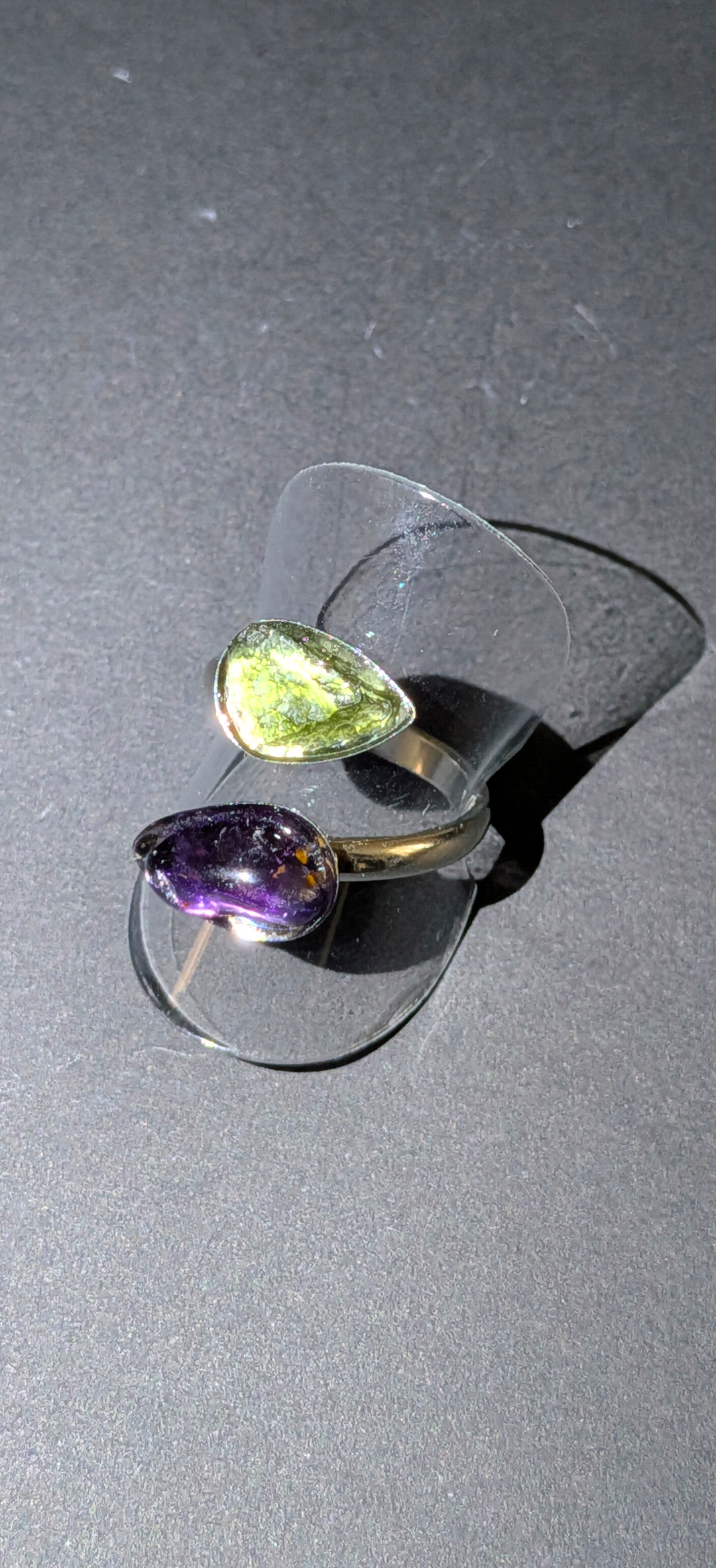 Adjustable Ring With Moldavites and Amethysts #16