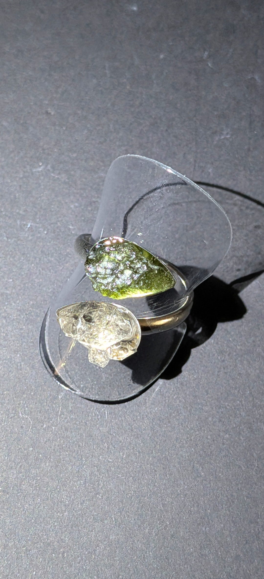 Adjustable Ring With Moldavites and Herkimer Diamonds #17