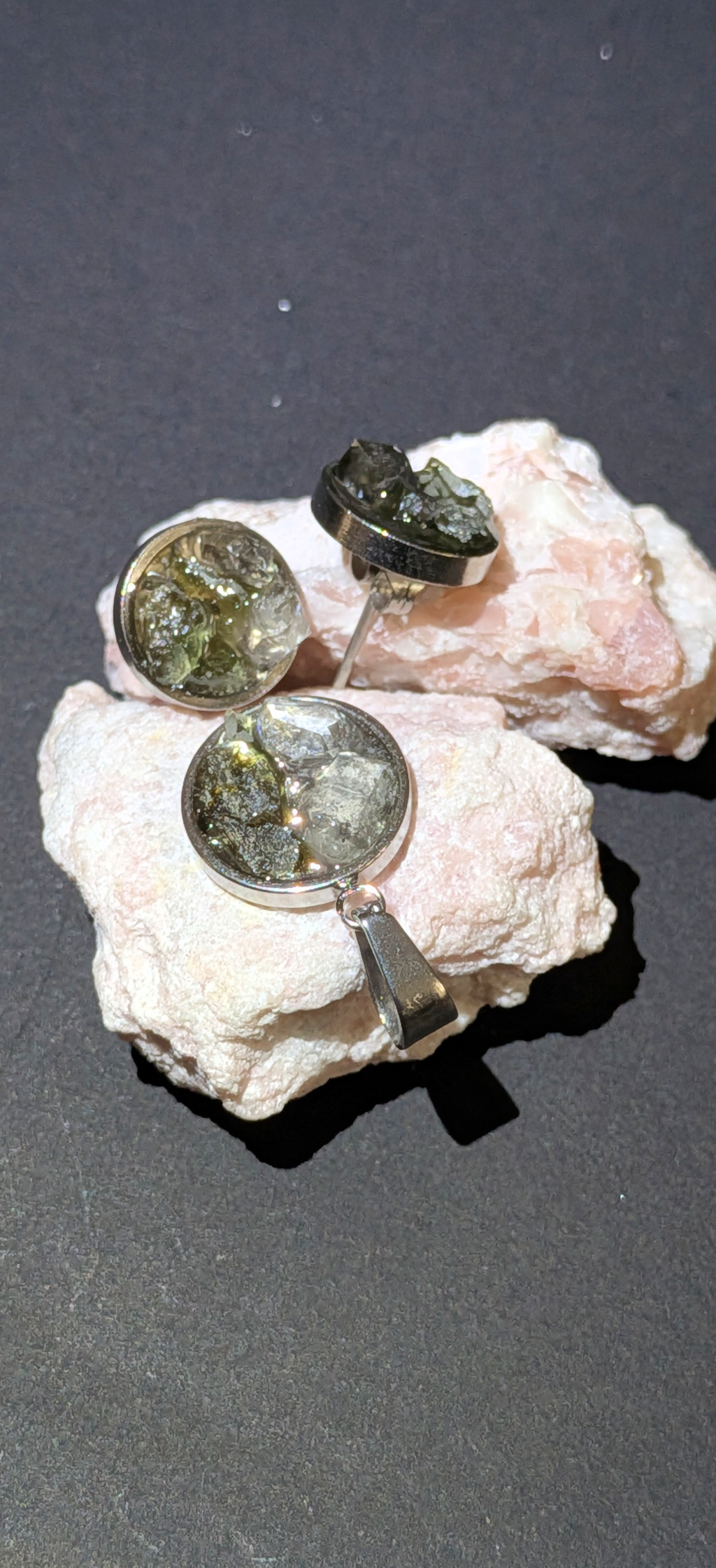 Pendant And Ear-Rings Set With Moldavites And Herkimer Diamonds #20