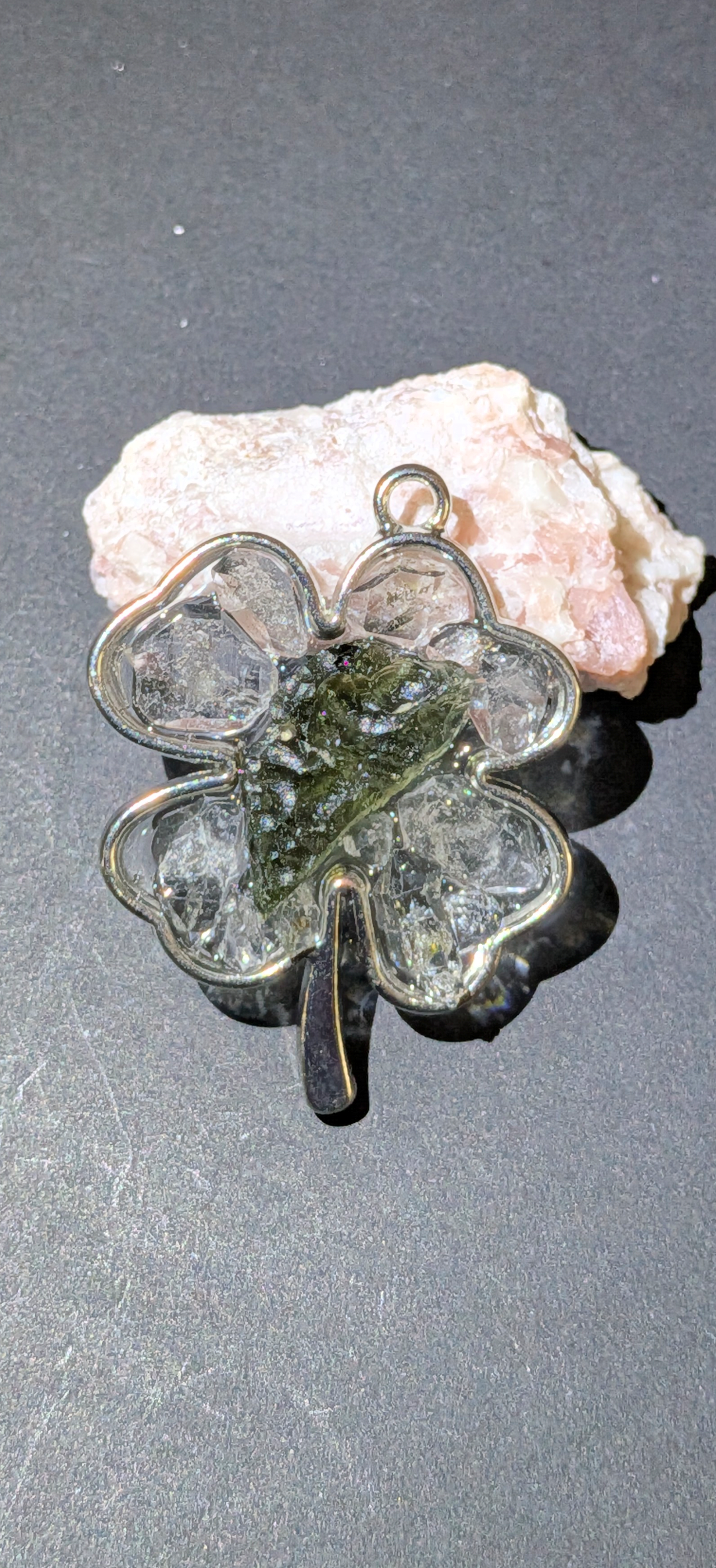 Four-Leaf Clover Pendant With Moldavites And Herkimer Diamonds #21