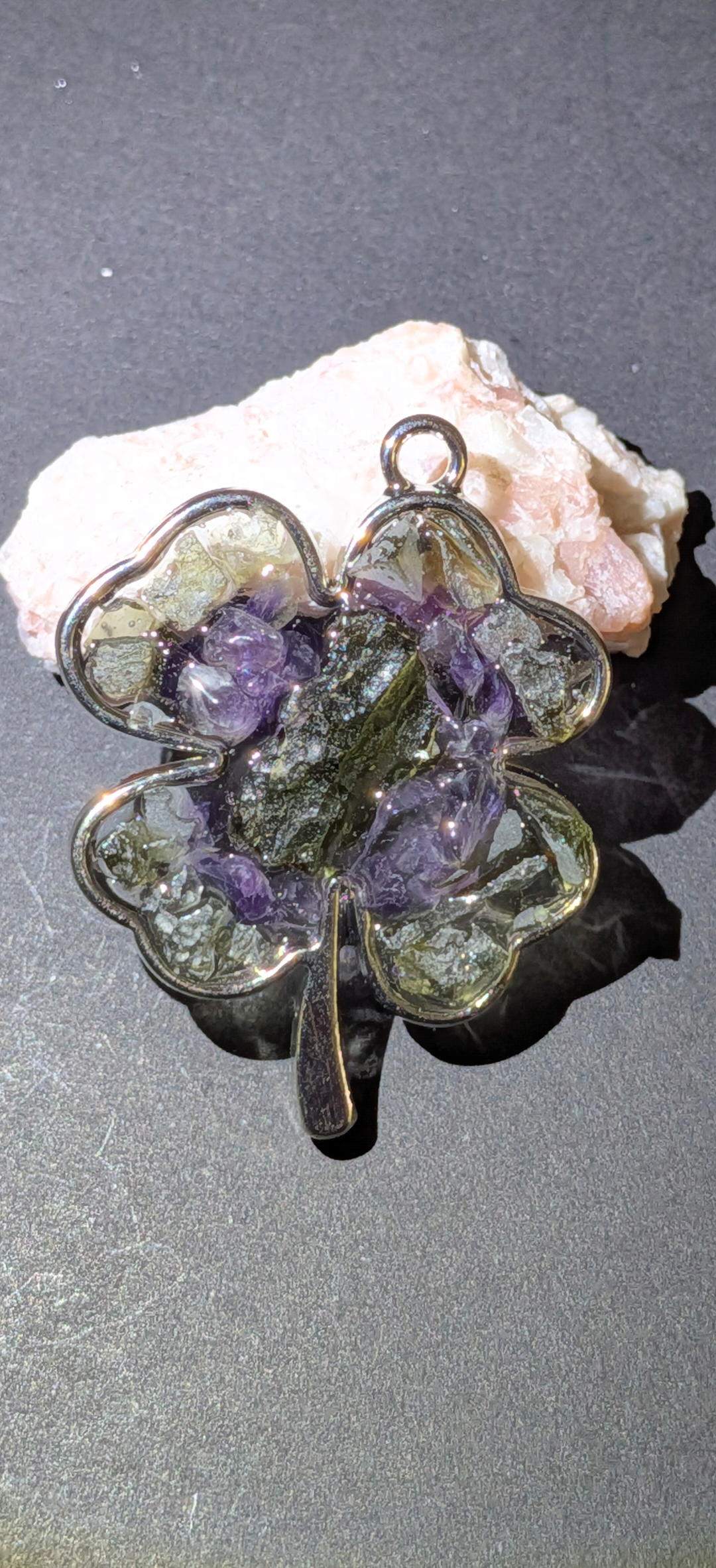Four-Leaf Clover Pendant With Moldavites And Amethysts #22