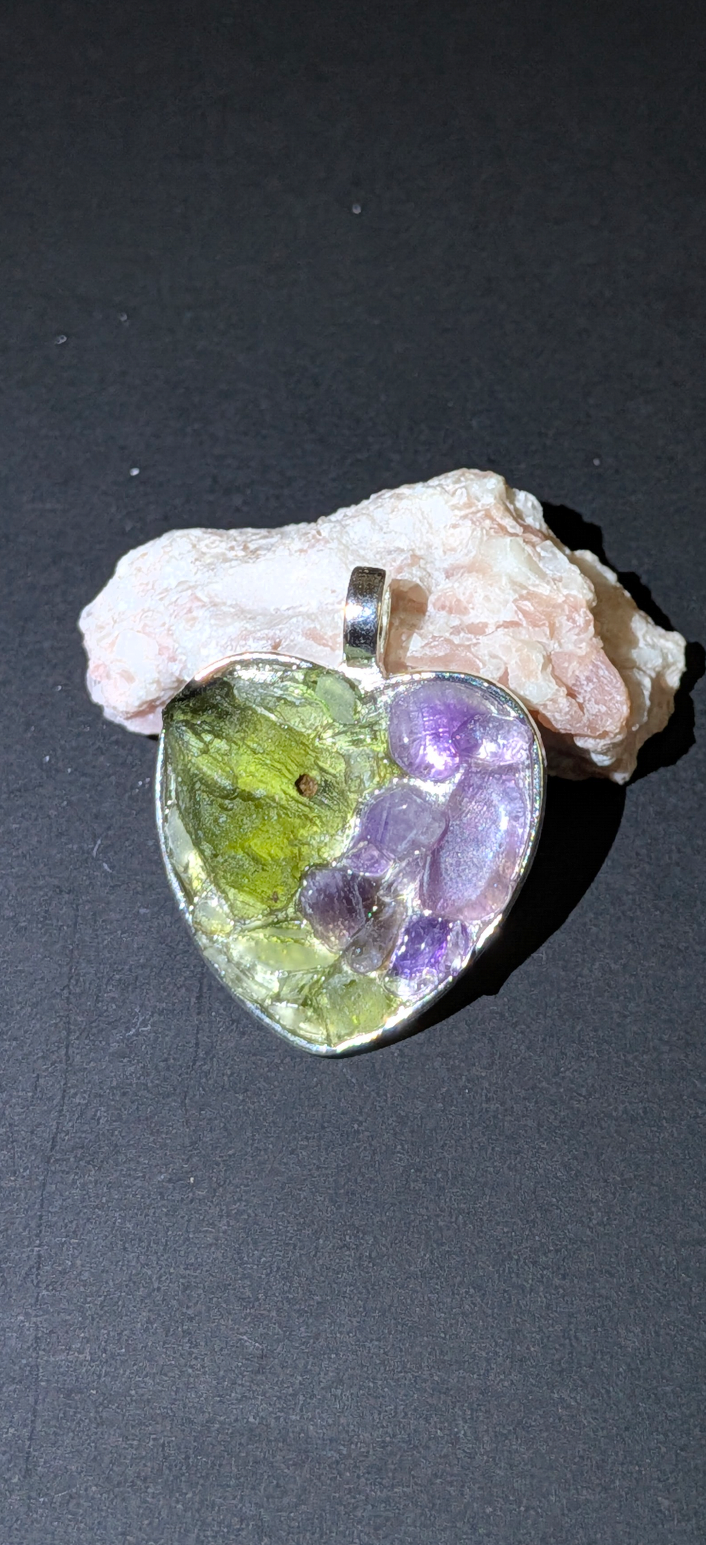 Heart Shaped Pendant With Moldavites And Amethysts #24