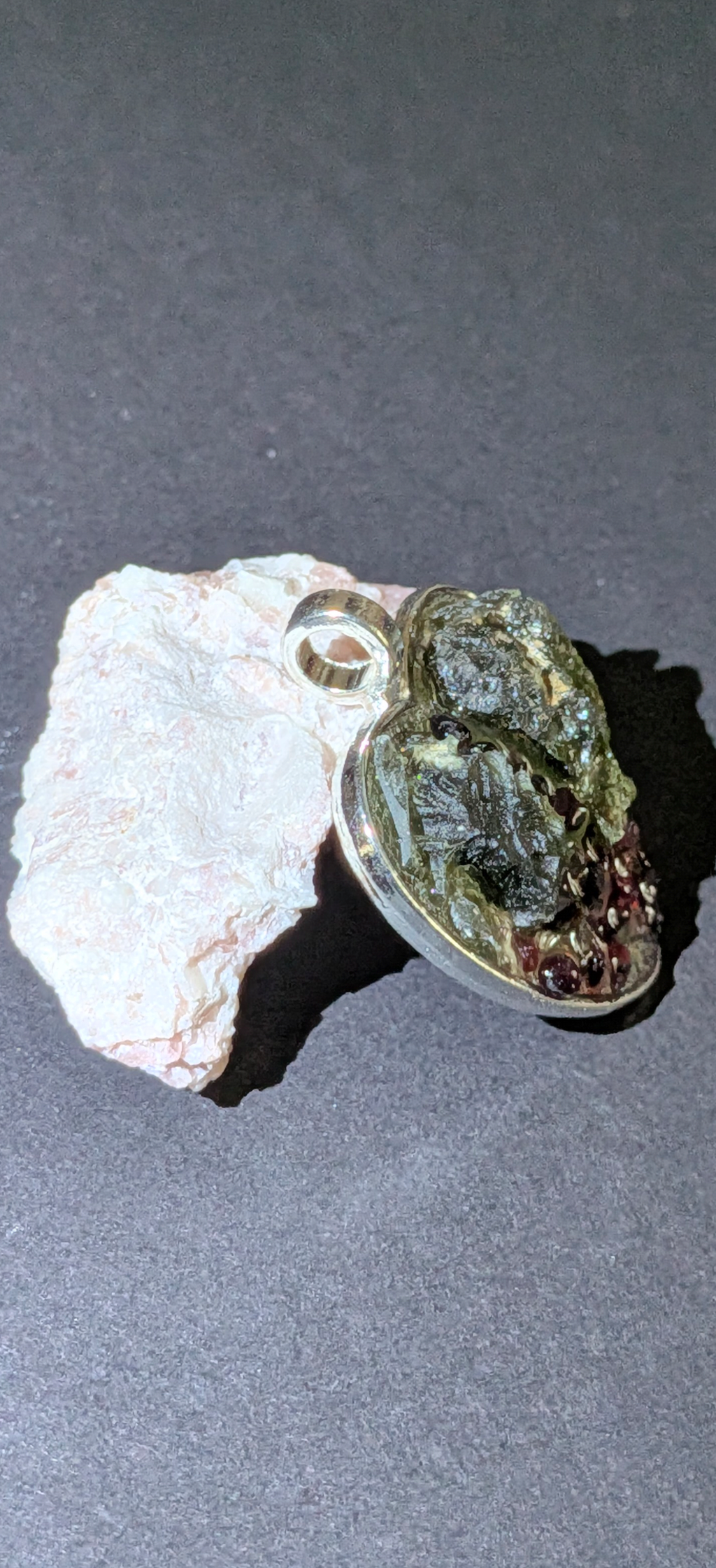 Heart Shaped Pendant With Moldavites And Bohemian Garnets #25