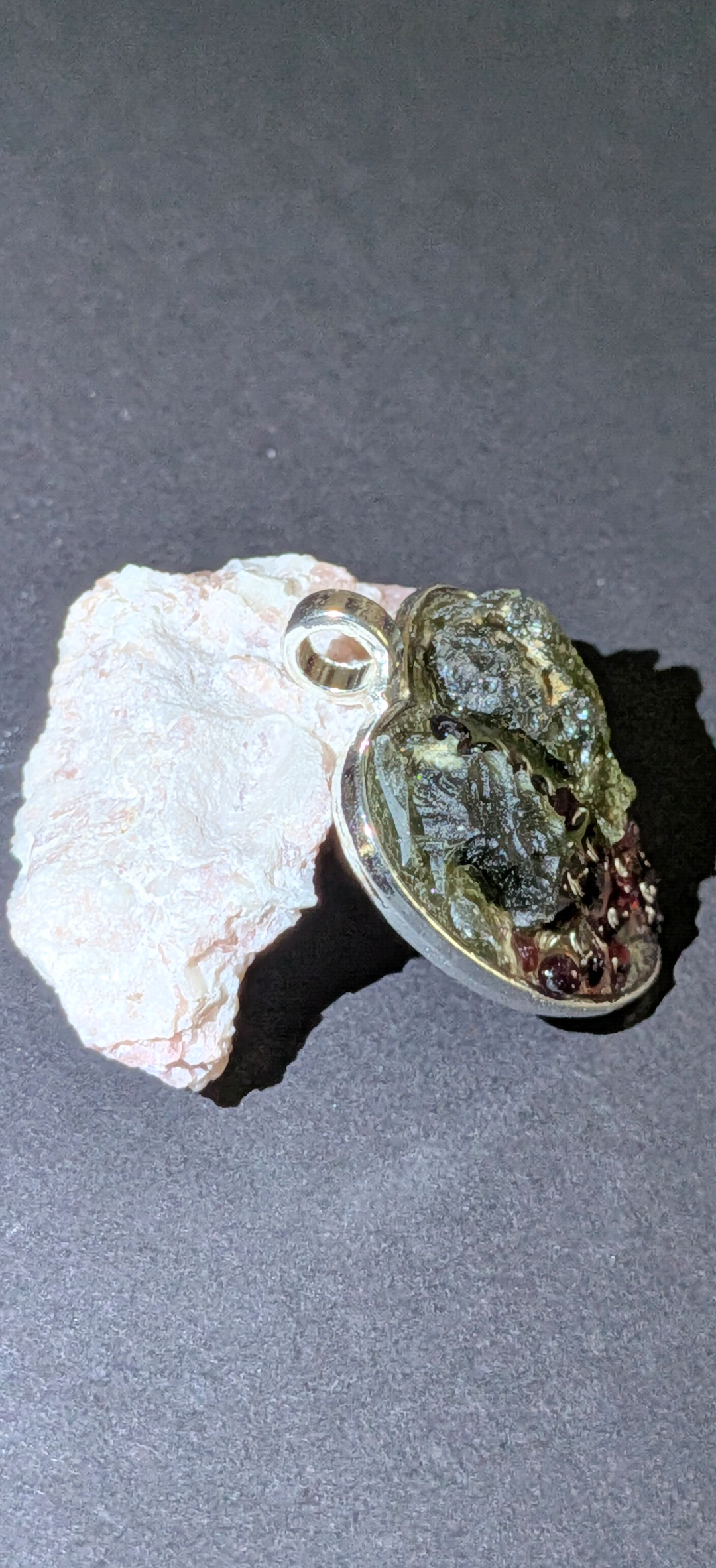 Heart Shaped Pendant With Moldavites And Bohemian Garnets #25
