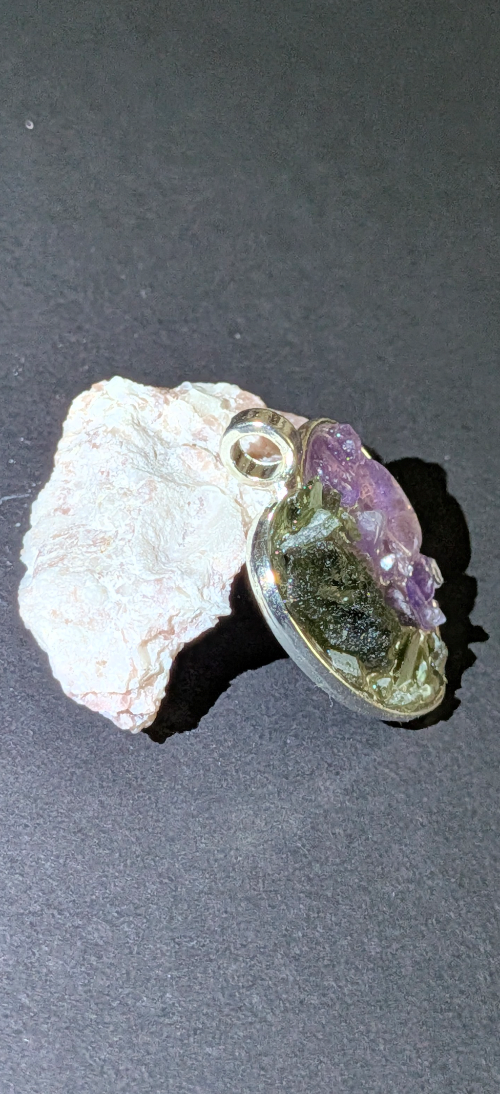 Heart Shaped Pendant With Moldavites And Amethysts #24