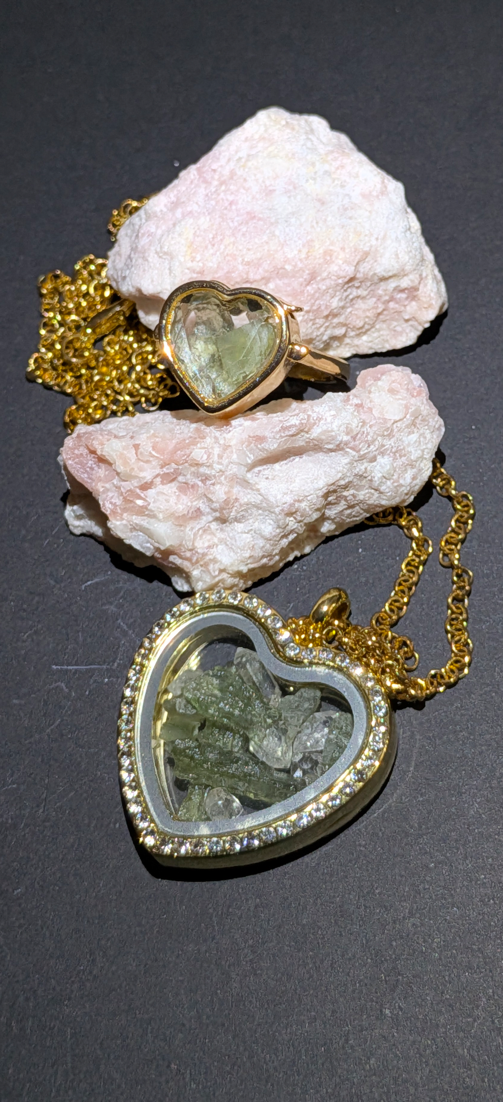 Locket Pendant And Ring Set With Moldavites And Herkimer DIamonds #29