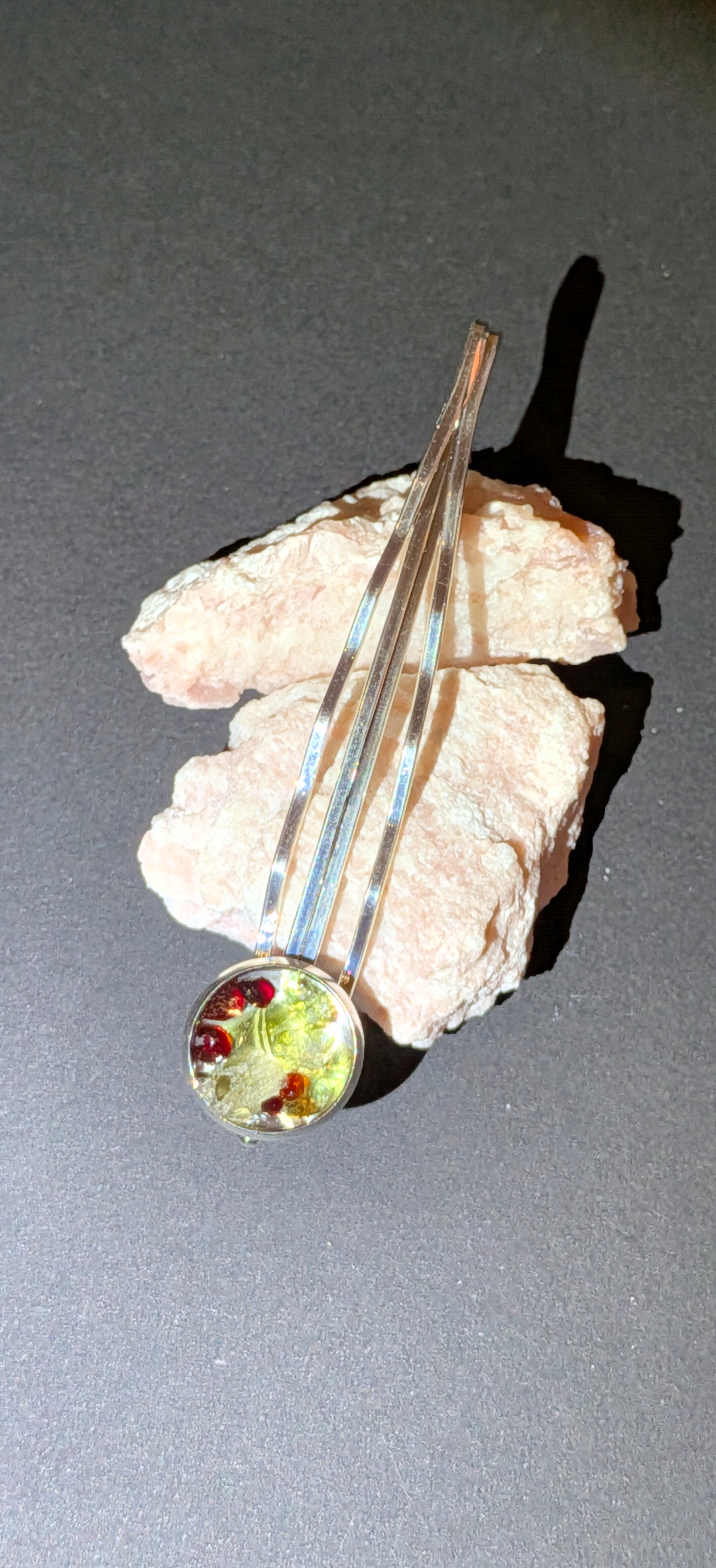 Hair Clip Brooch With Moldavites and Bohemian Garnets #7
