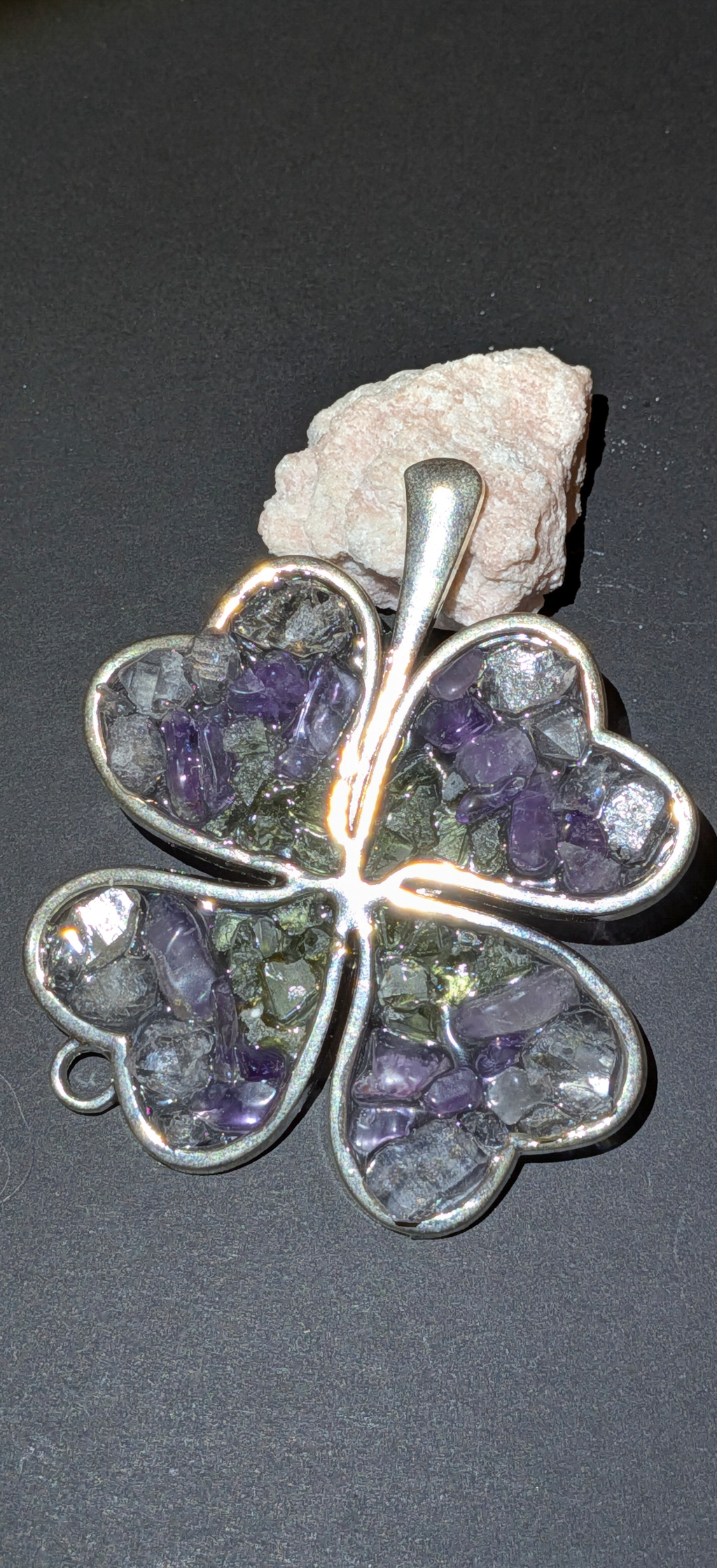 XXL Four-Leaf Clover Pendant With Moldavites, Herkimer Diamonds And Amethysts #31