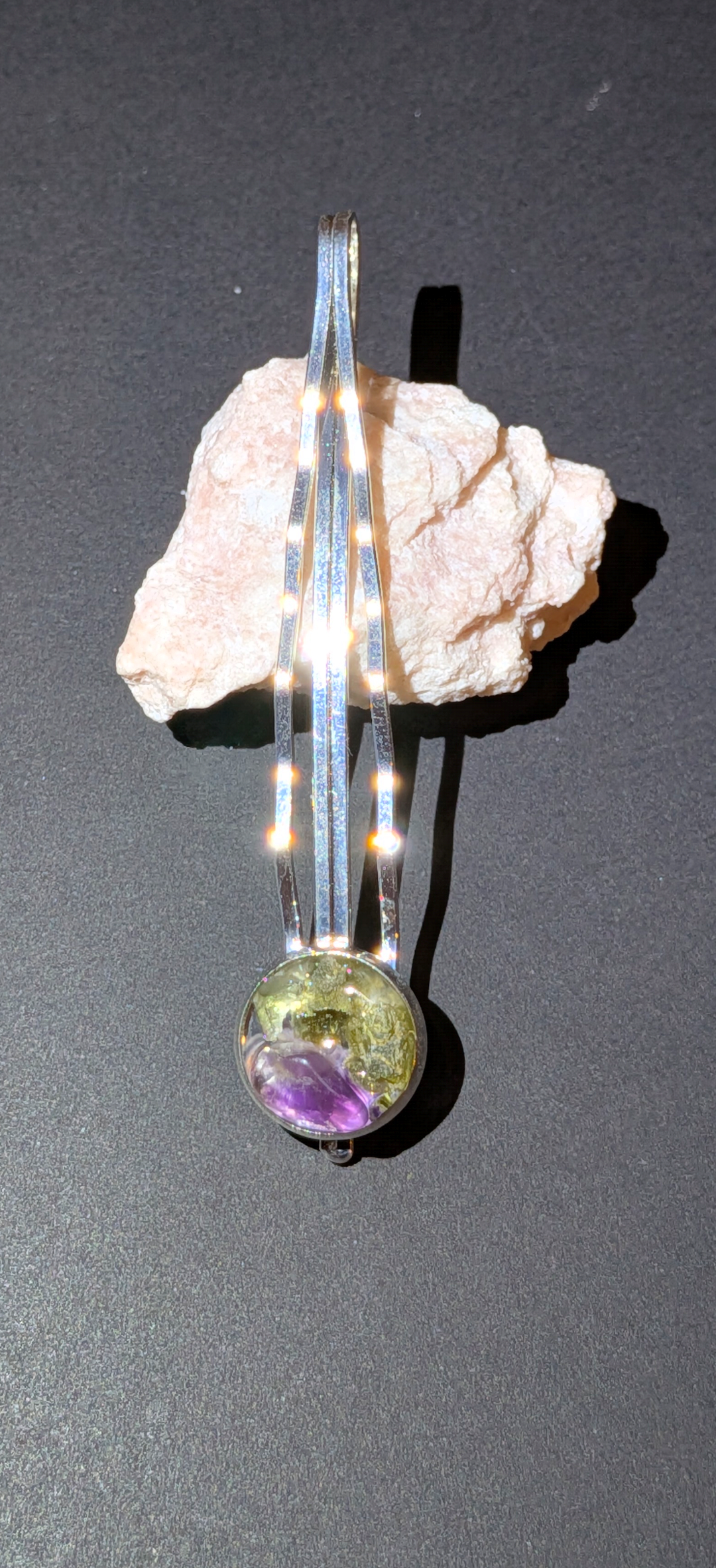 Hair Clip Brooch With Moldavites and Amethysts #34